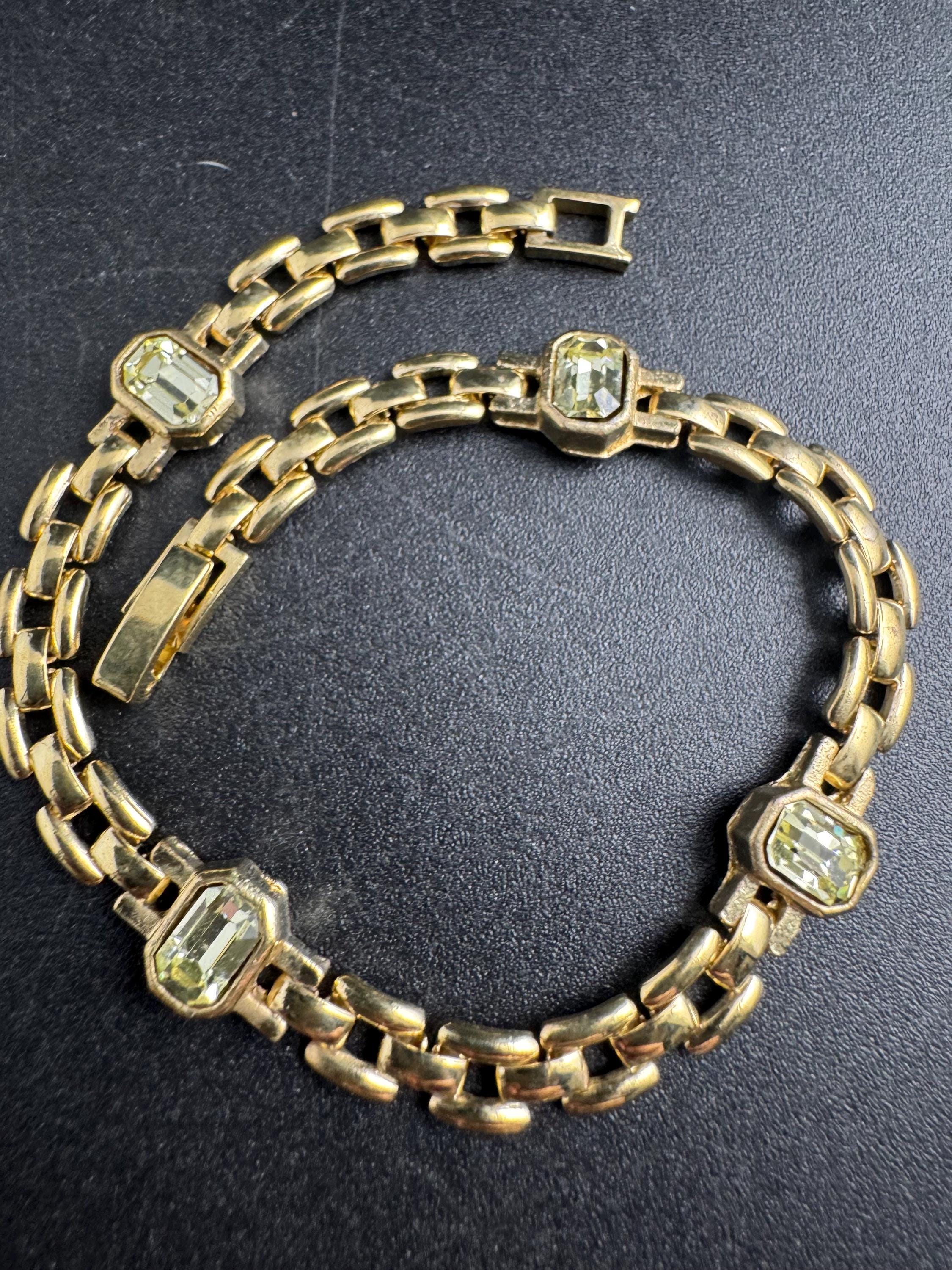 Slim Panther link rhinestone bracelet, yellow citrine octagon Swarovski crystals gold plated