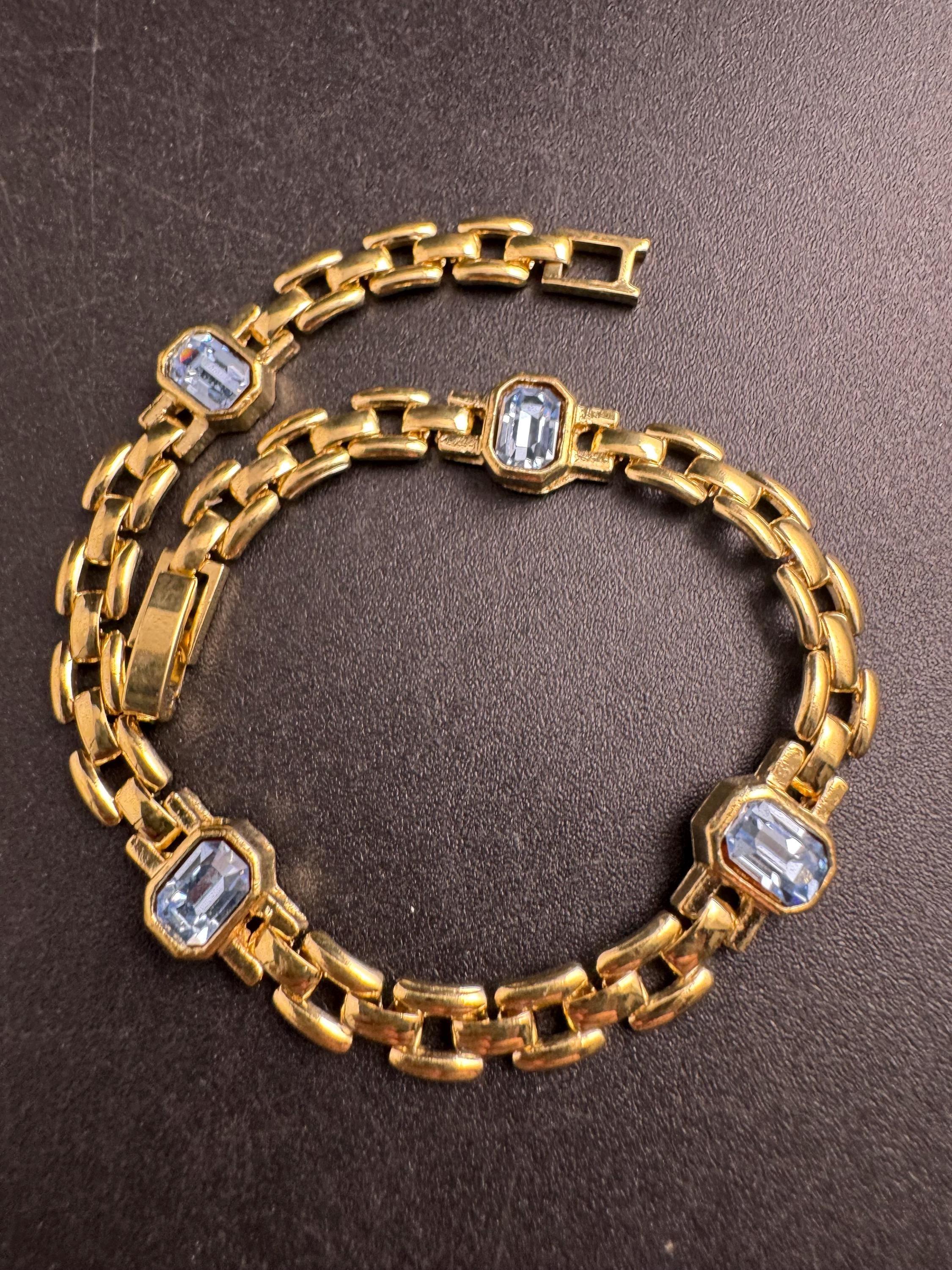 Slim Panther link rhinestone bracelet, light sapphire blue octagon Swarovski crystals gold plated