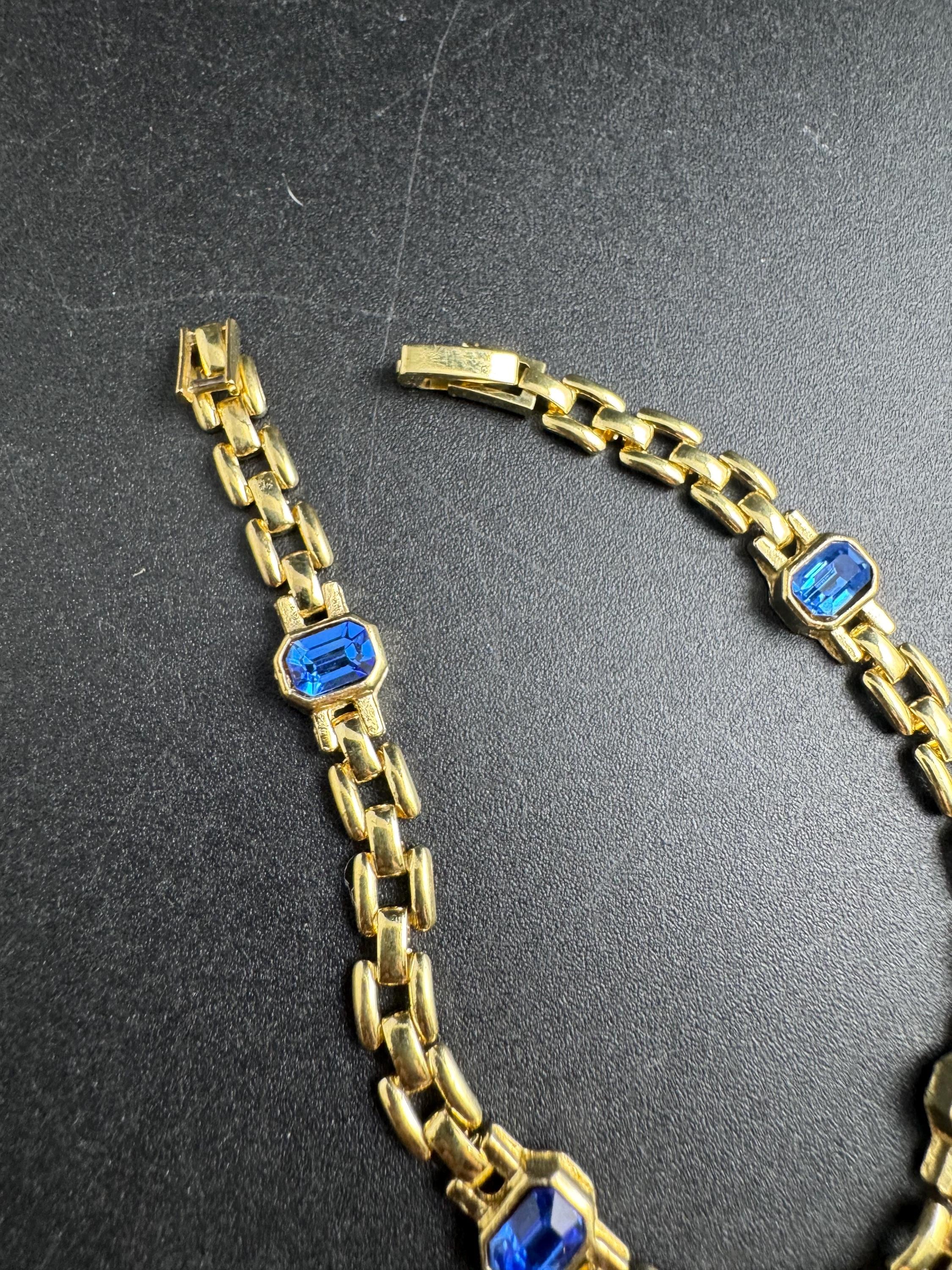 Slim Panther link rhinestone bracelet, sapphire blue octagon Swarovski crystals gold plated