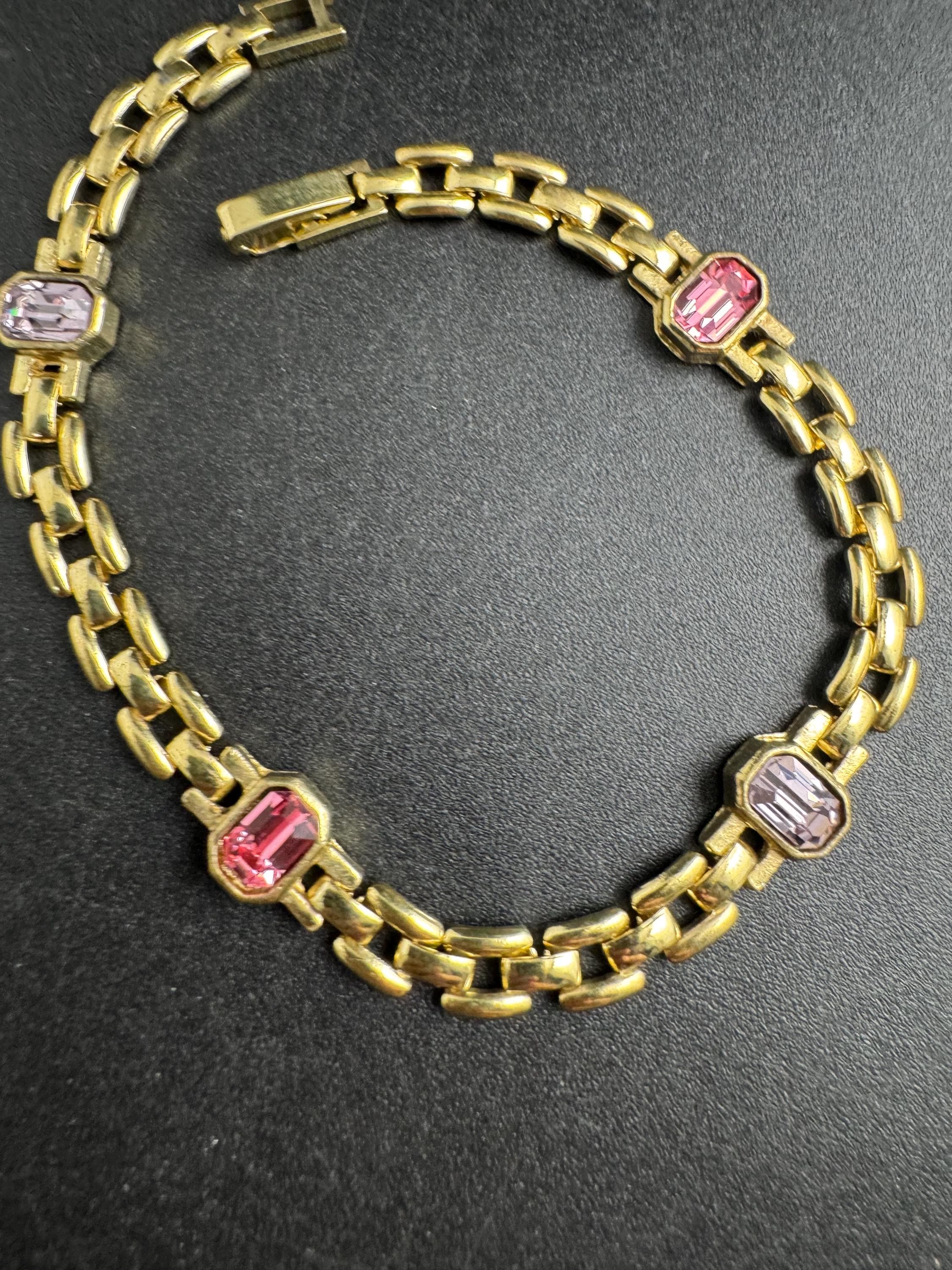 Slim Panther link rhinestone bracelet, pink and amethyst octagon Swarovski crystals gold plated