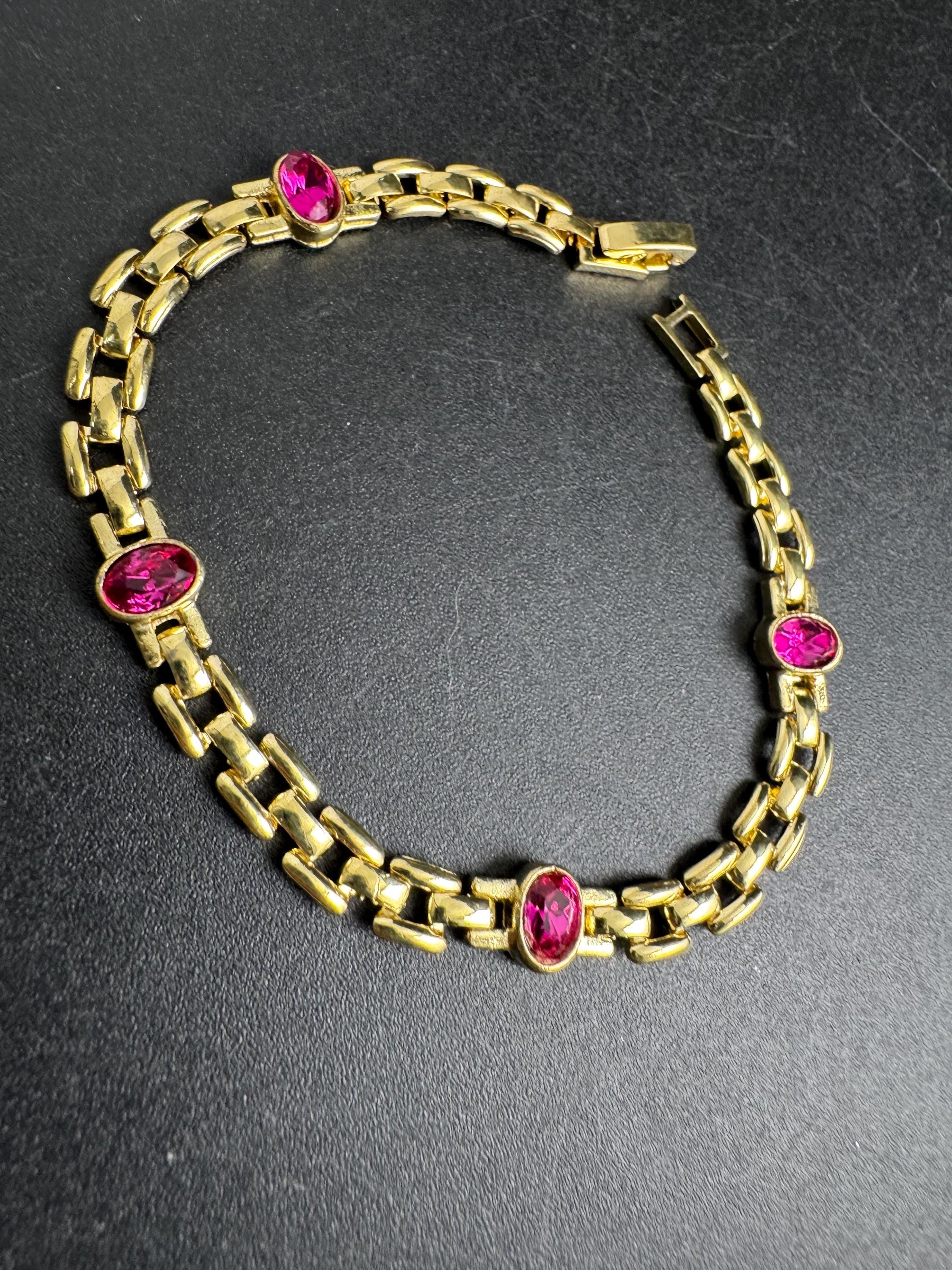 Slim Panther link rhinestone bracelet, bright pink oval cabochon crystals gold plated