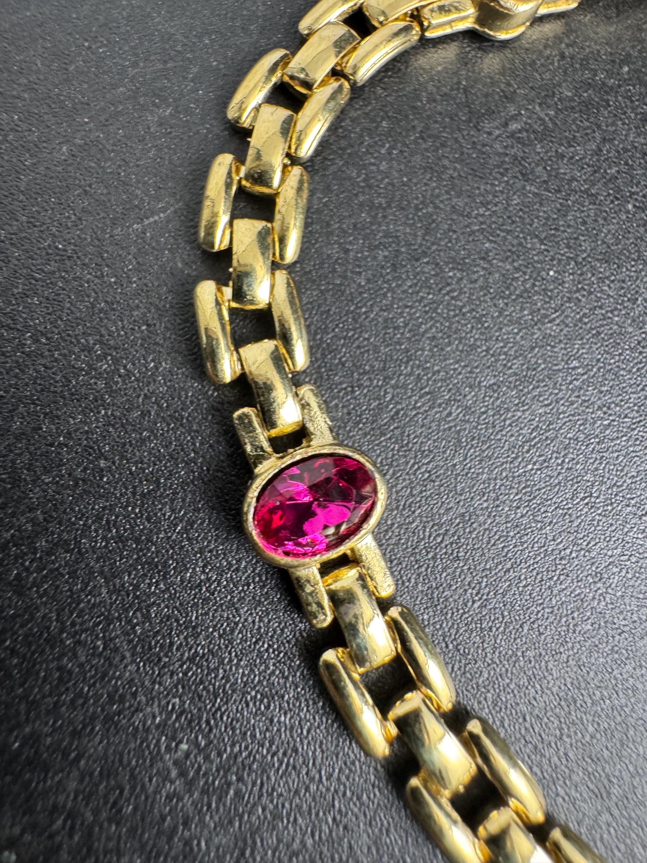 Slim Panther link rhinestone bracelet, bright pink oval cabochon crystals gold plated