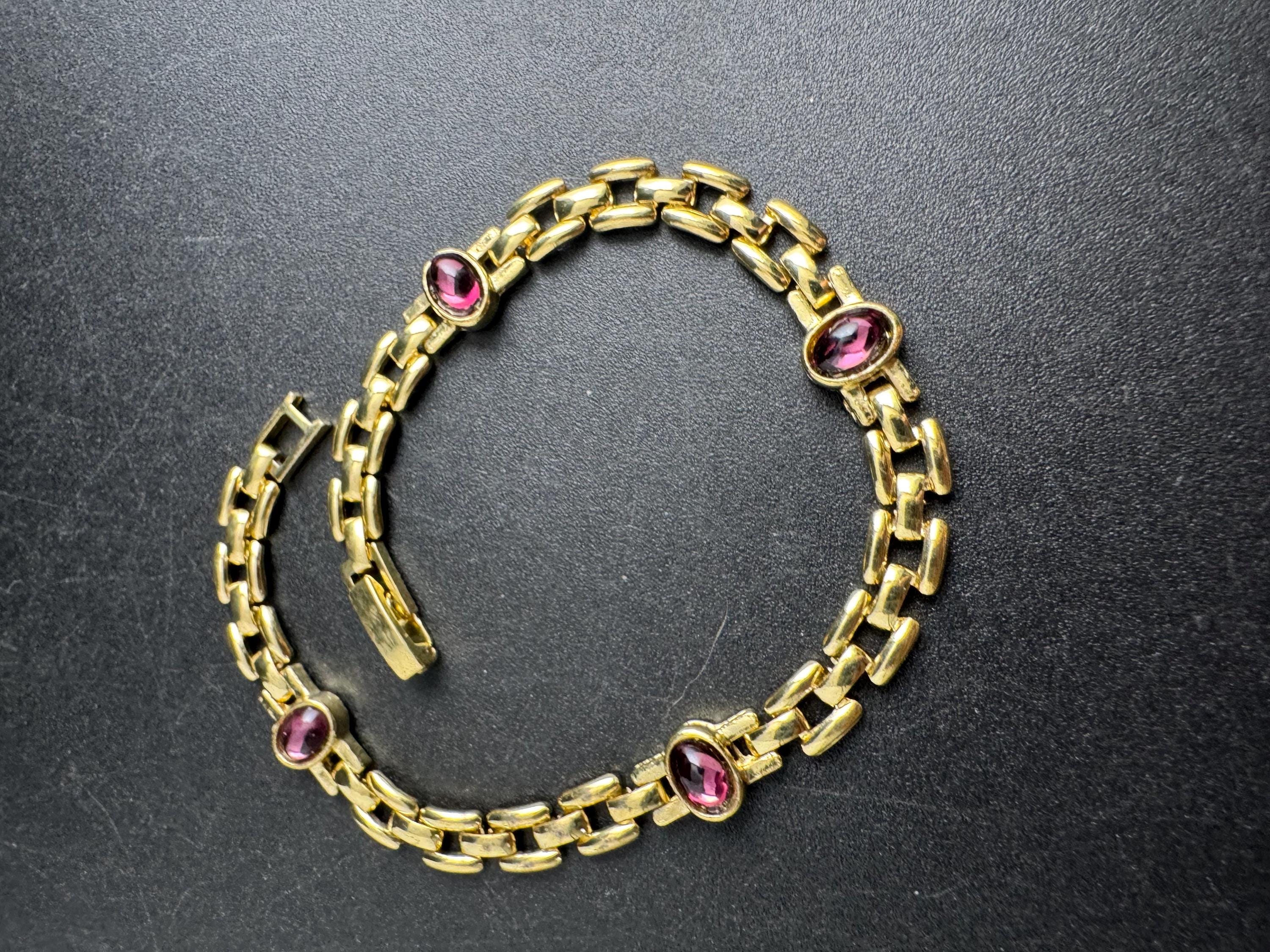 Slim Panther link rhinestone bracelet, amethyst purple oval cabochon crystals gold plated