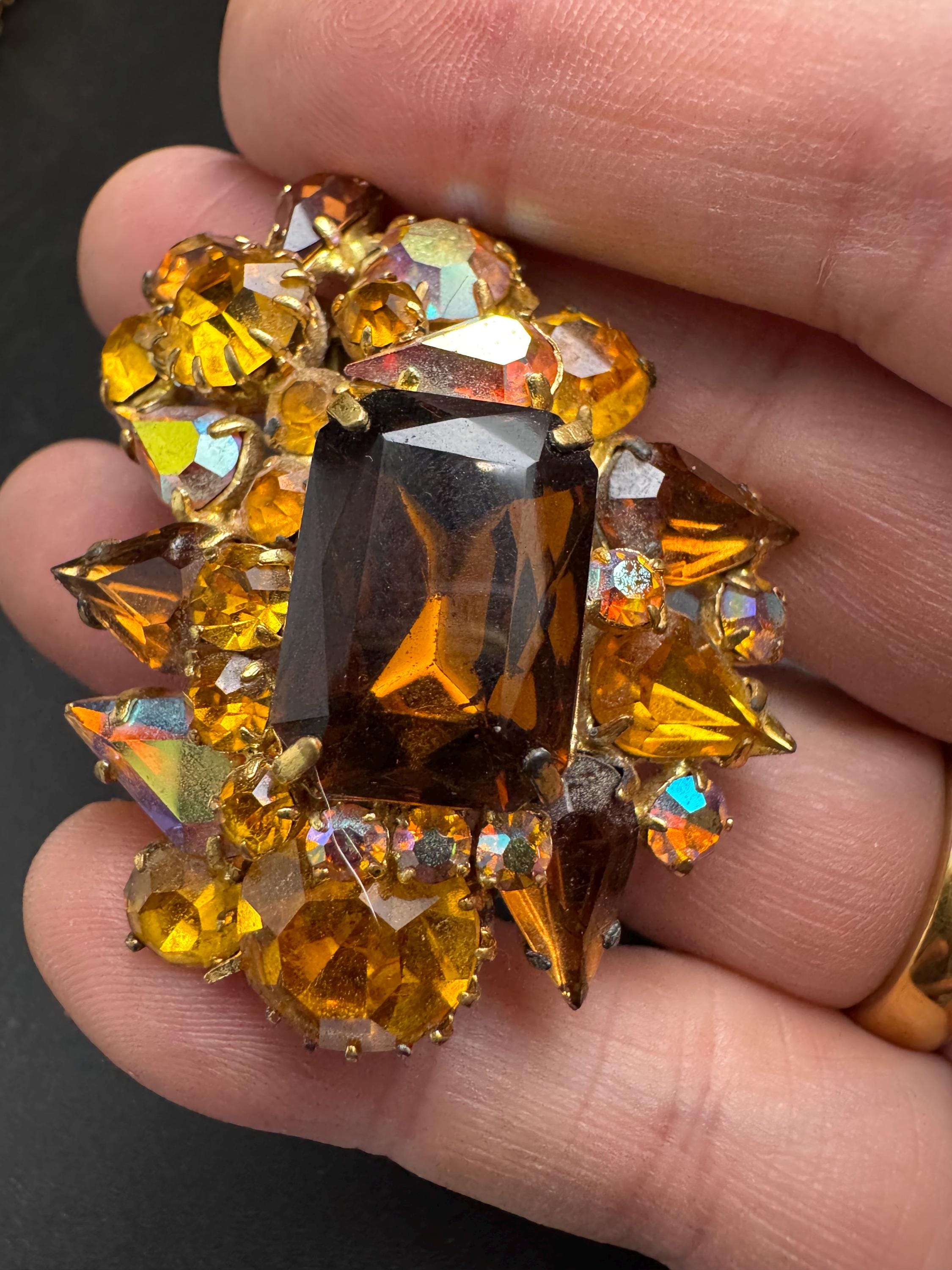 Juliana brown rhinestone brooch, ab and orange stones , double prong back