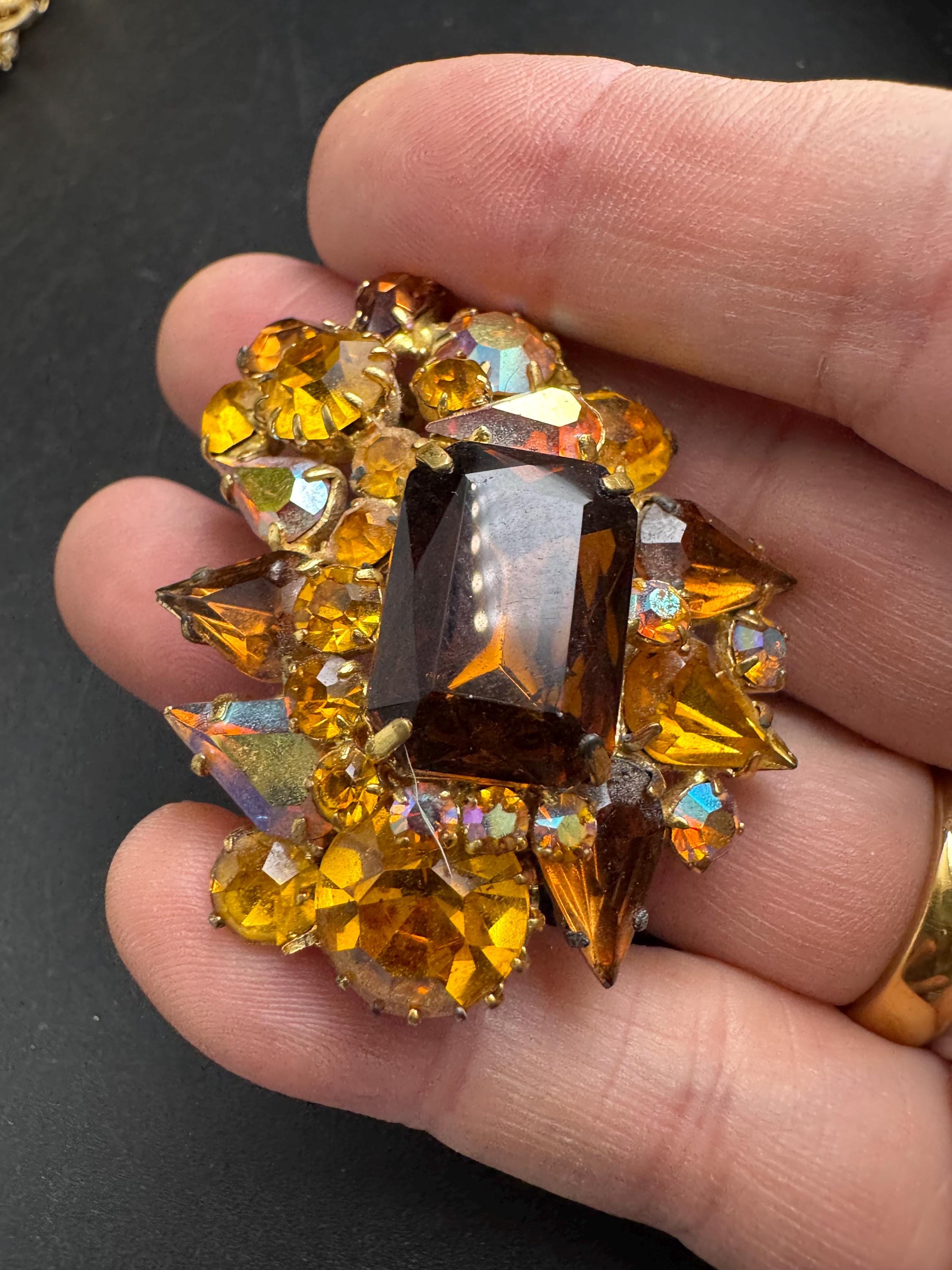 Juliana brown rhinestone brooch, ab and orange stones , double prong back