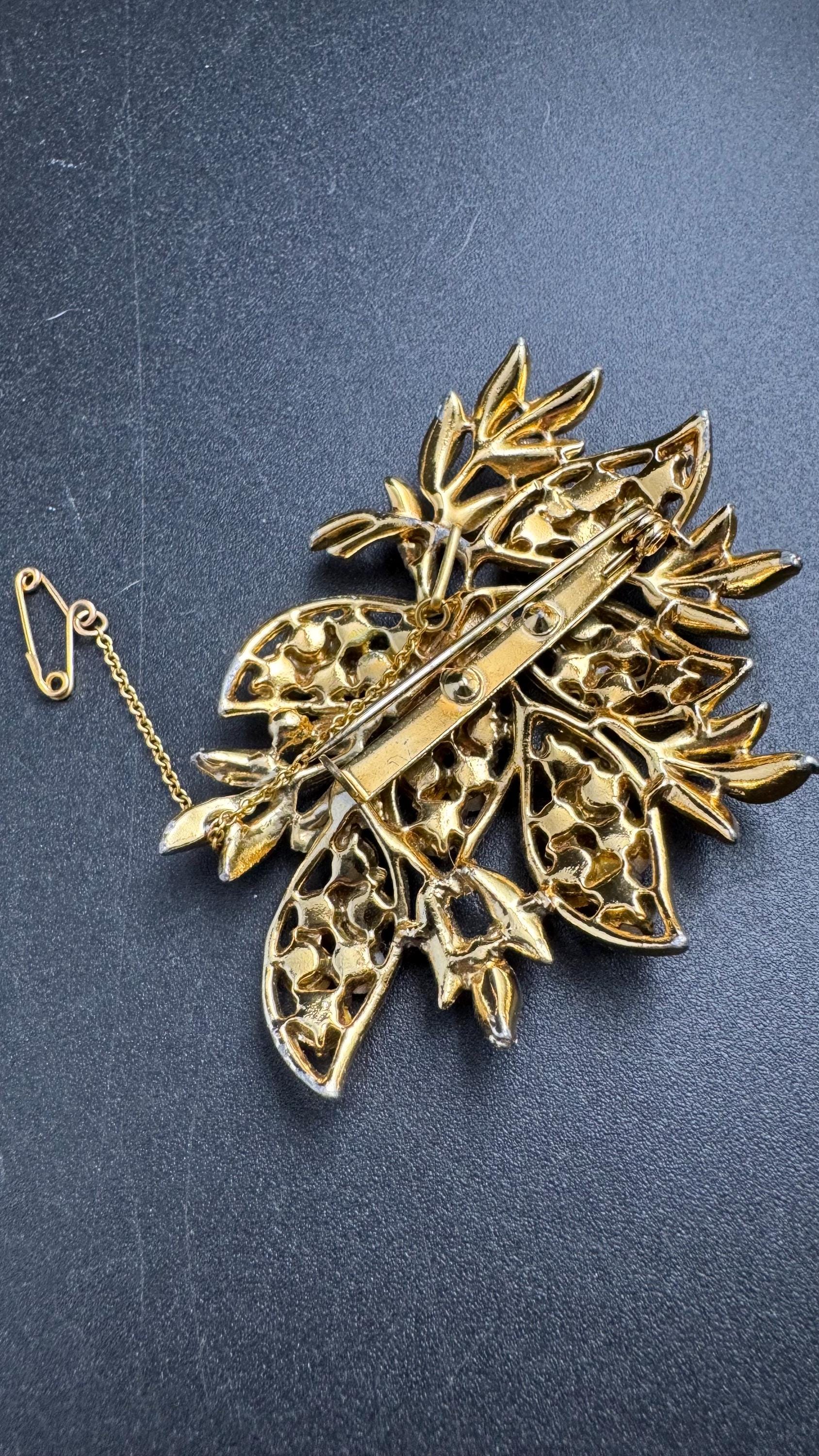Cream AB rhinestone floral brooch, vintage floral enamel design