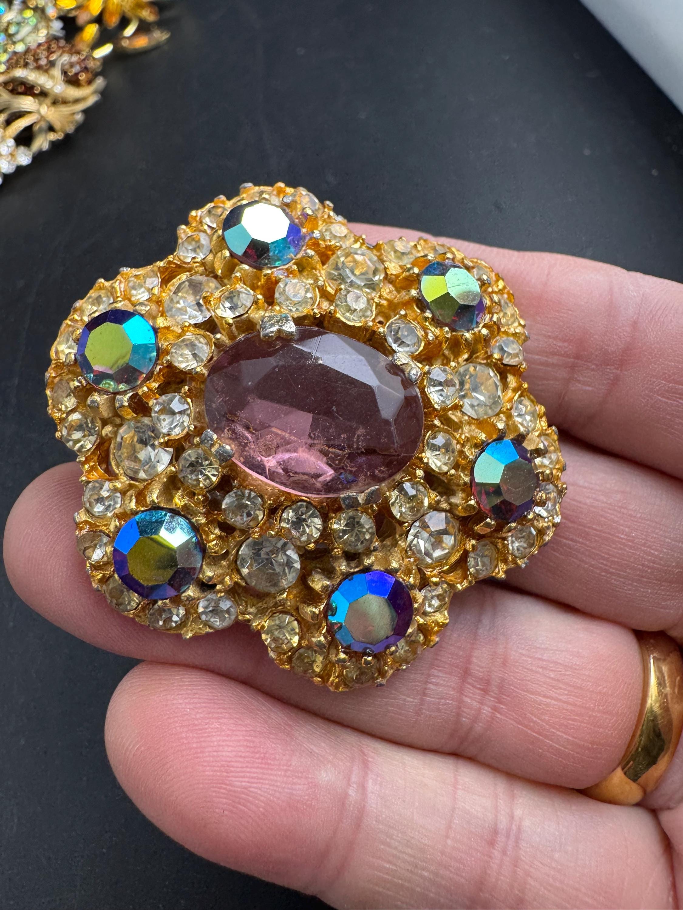 ab amethyst Rhinestone Brooch, Vintage large 5cm domed  Aurora borealis