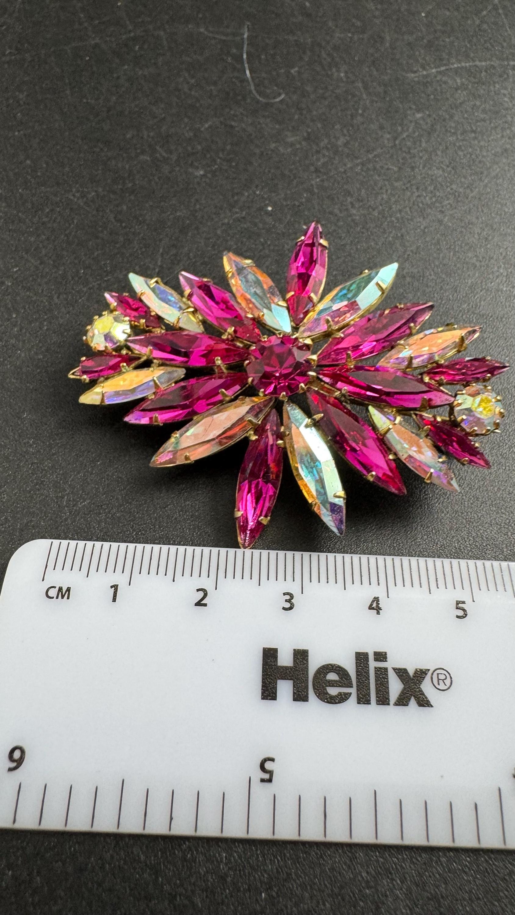 Bright pink AB rhinestone brooch, 5.5cm gold tone vintage Navette crystal