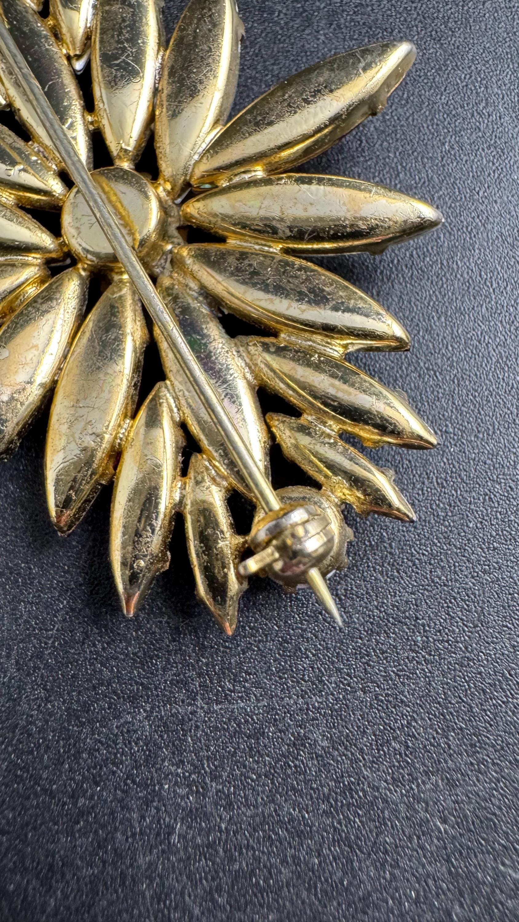 Bright pink AB rhinestone brooch, 5.5cm gold tone vintage Navette crystal