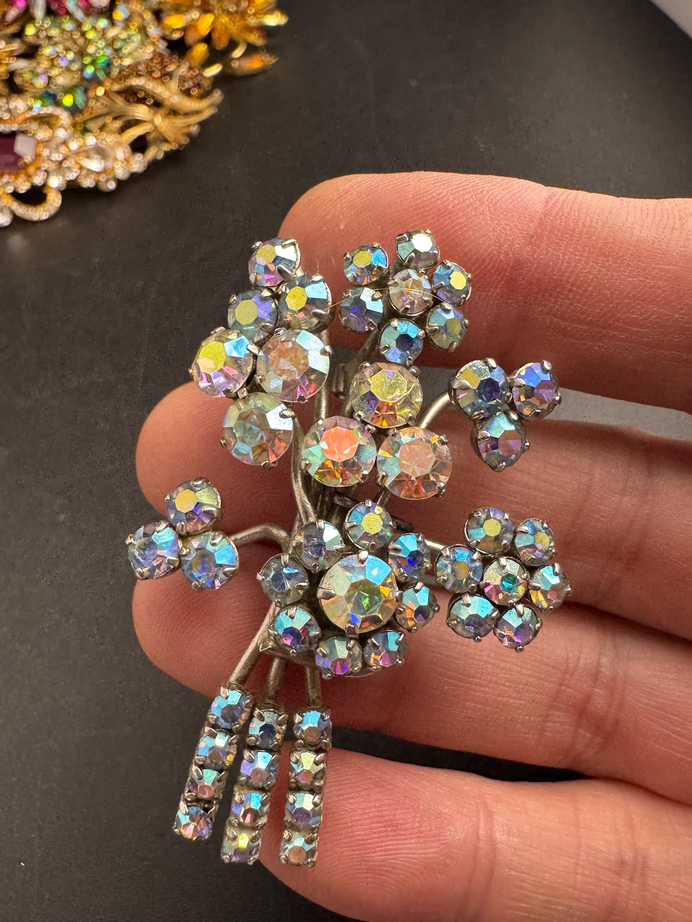 AB aurora borealis bouquet Brooch, silver chrome