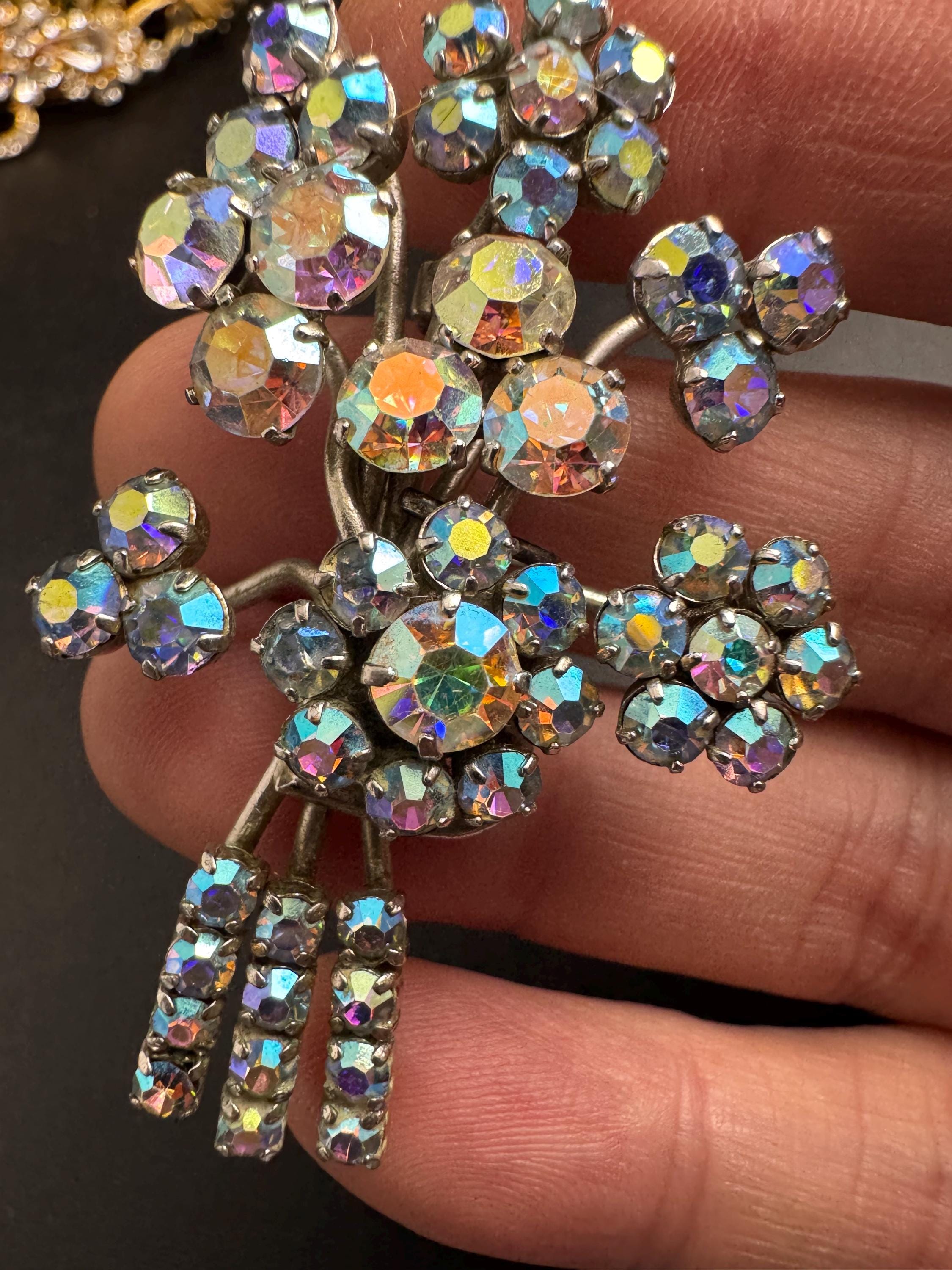 AB aurora borealis bouquet Brooch, silver chrome