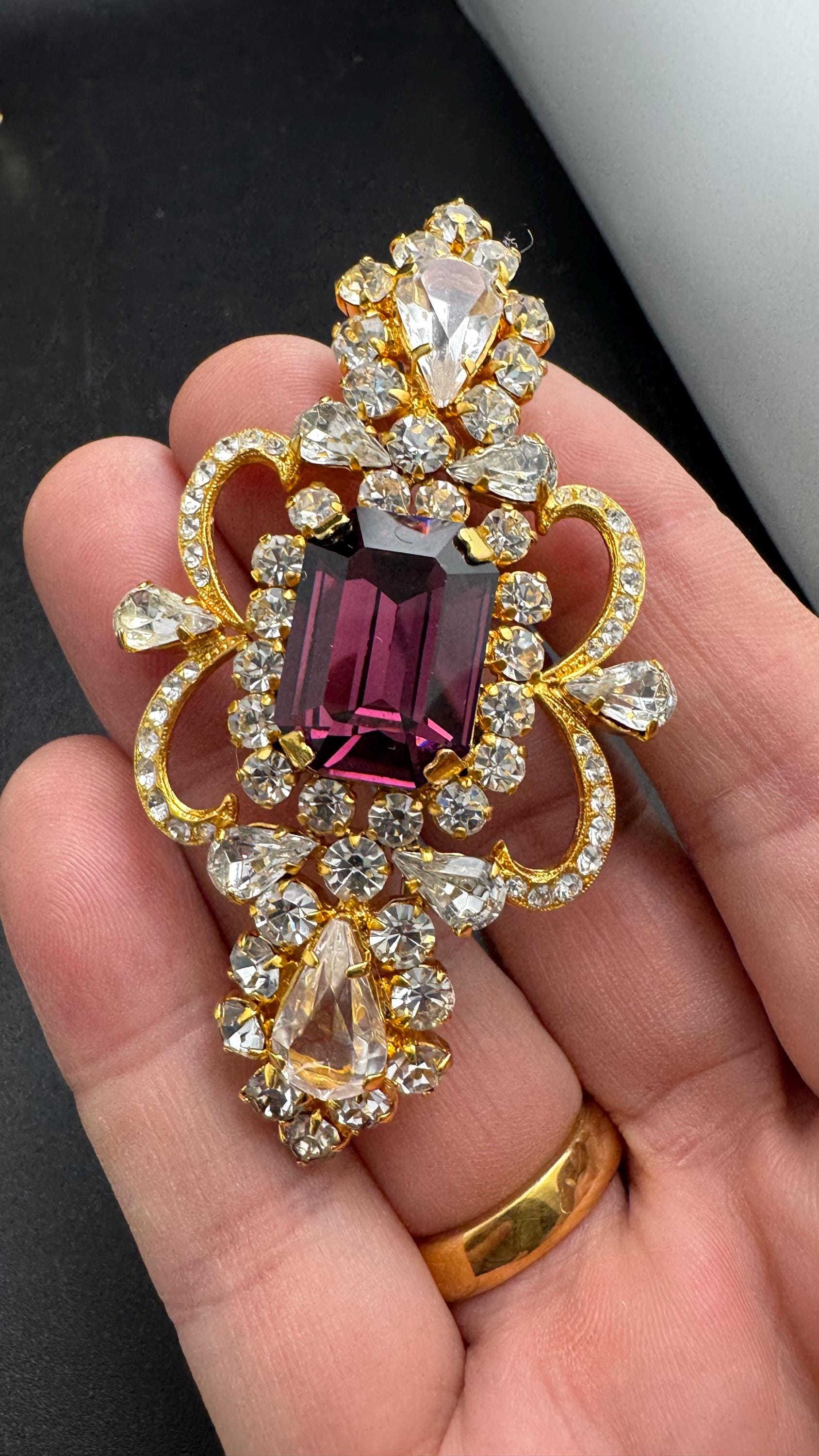 Vintage amethyst rhinestone brooch, large clear and purple glass crystals