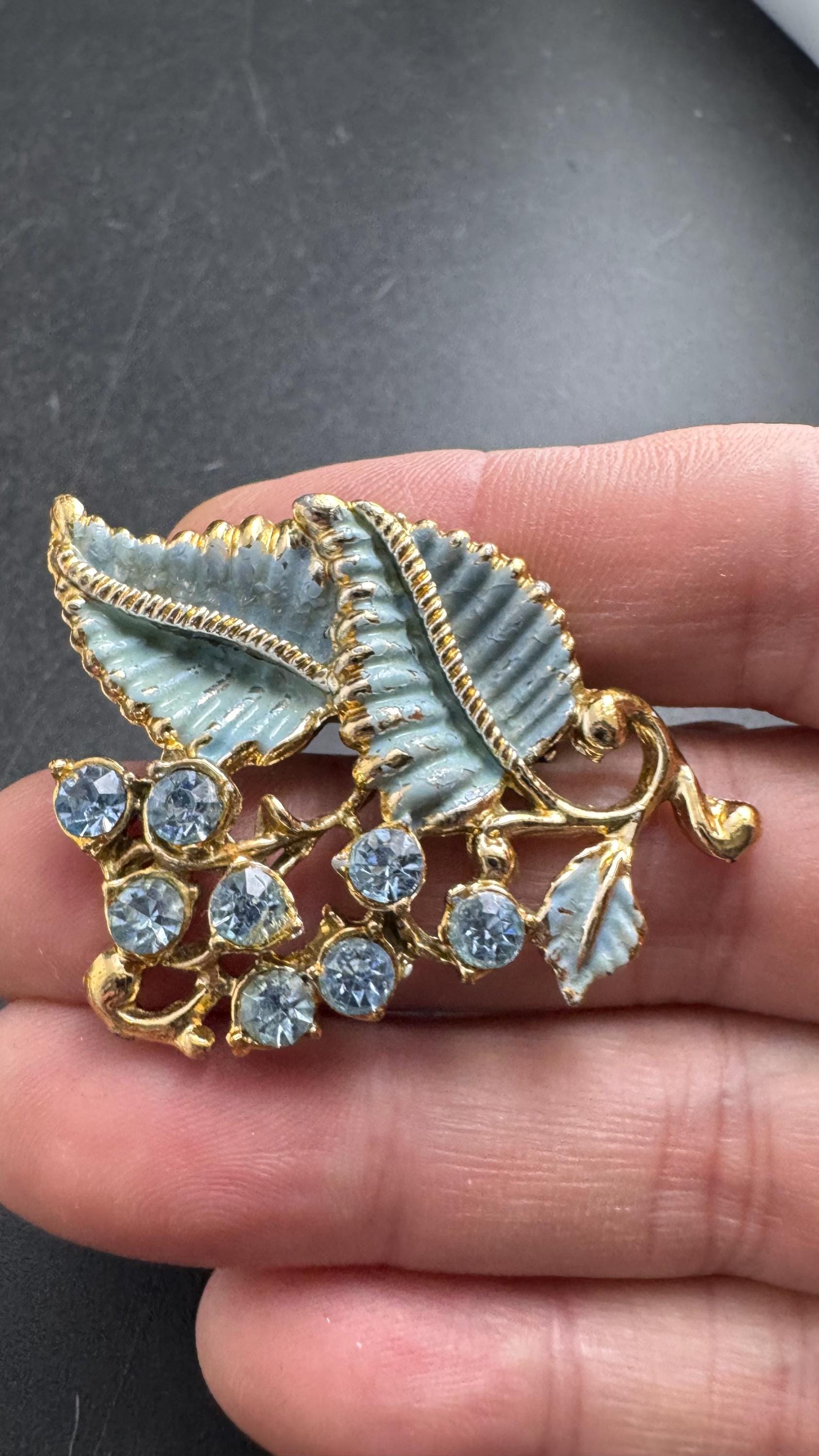 Powder blue rhinestone Brooch: cold painted Enamel Flowers blue AB crystals