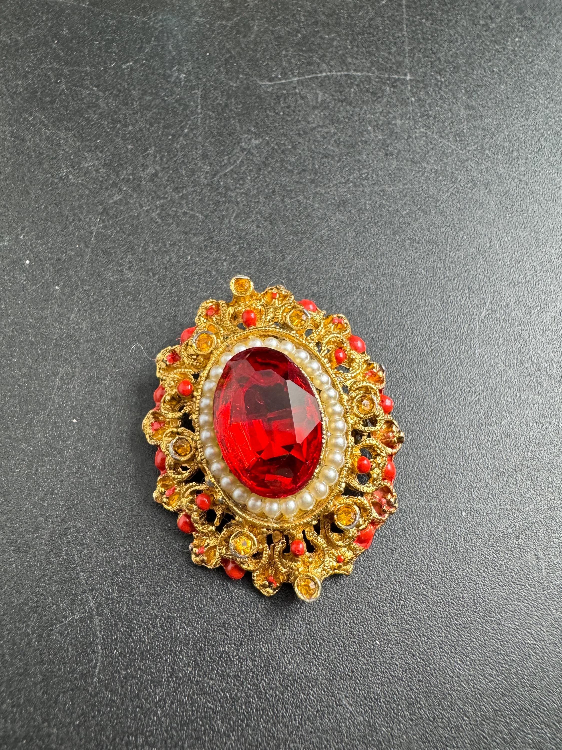 Oval ruby seed pearl Brooch: vintage Red Rhinestones