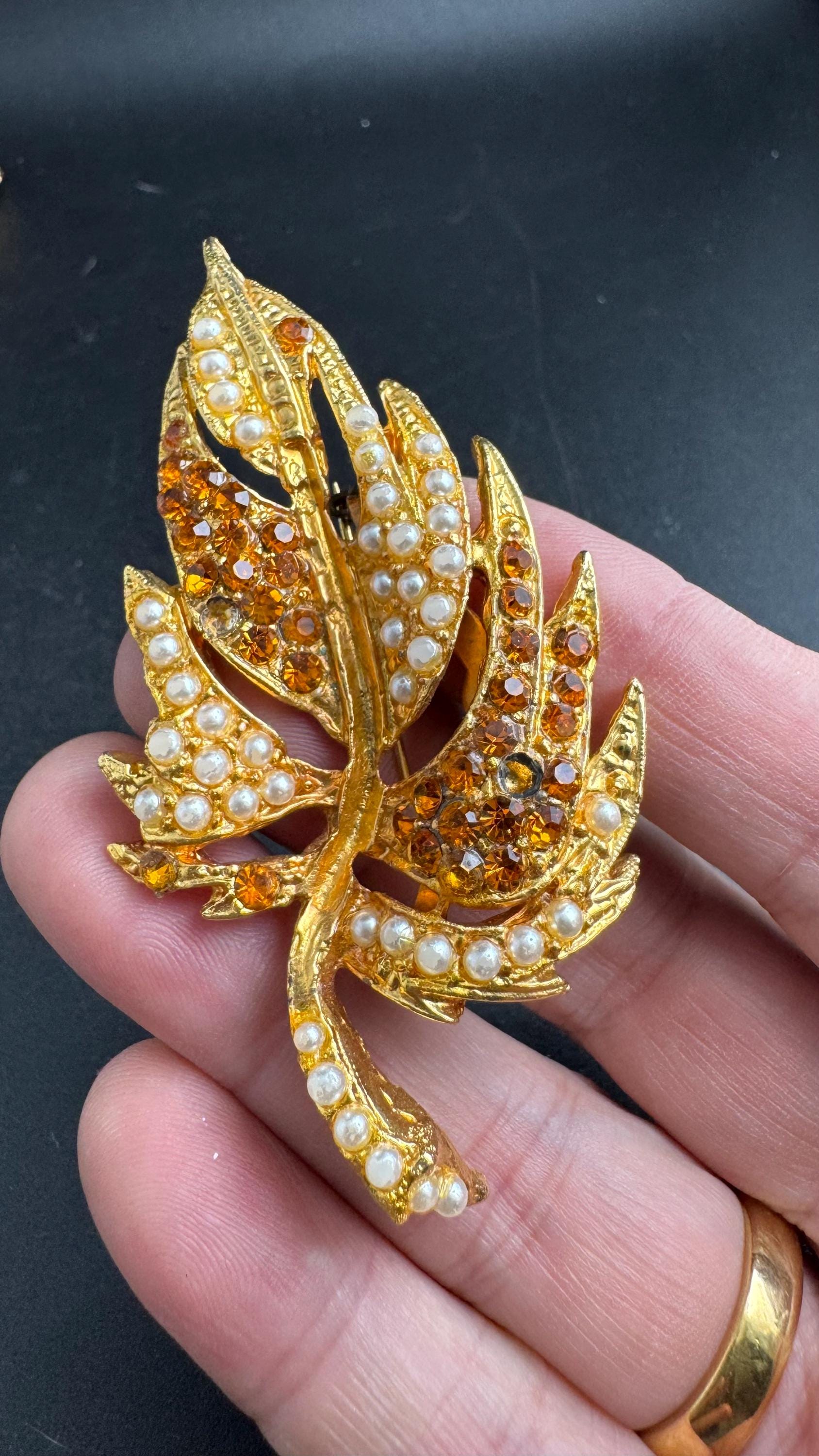 Vintage citrine Leaf Brooch,  Orange glass & Seed Pearl 1960s Style