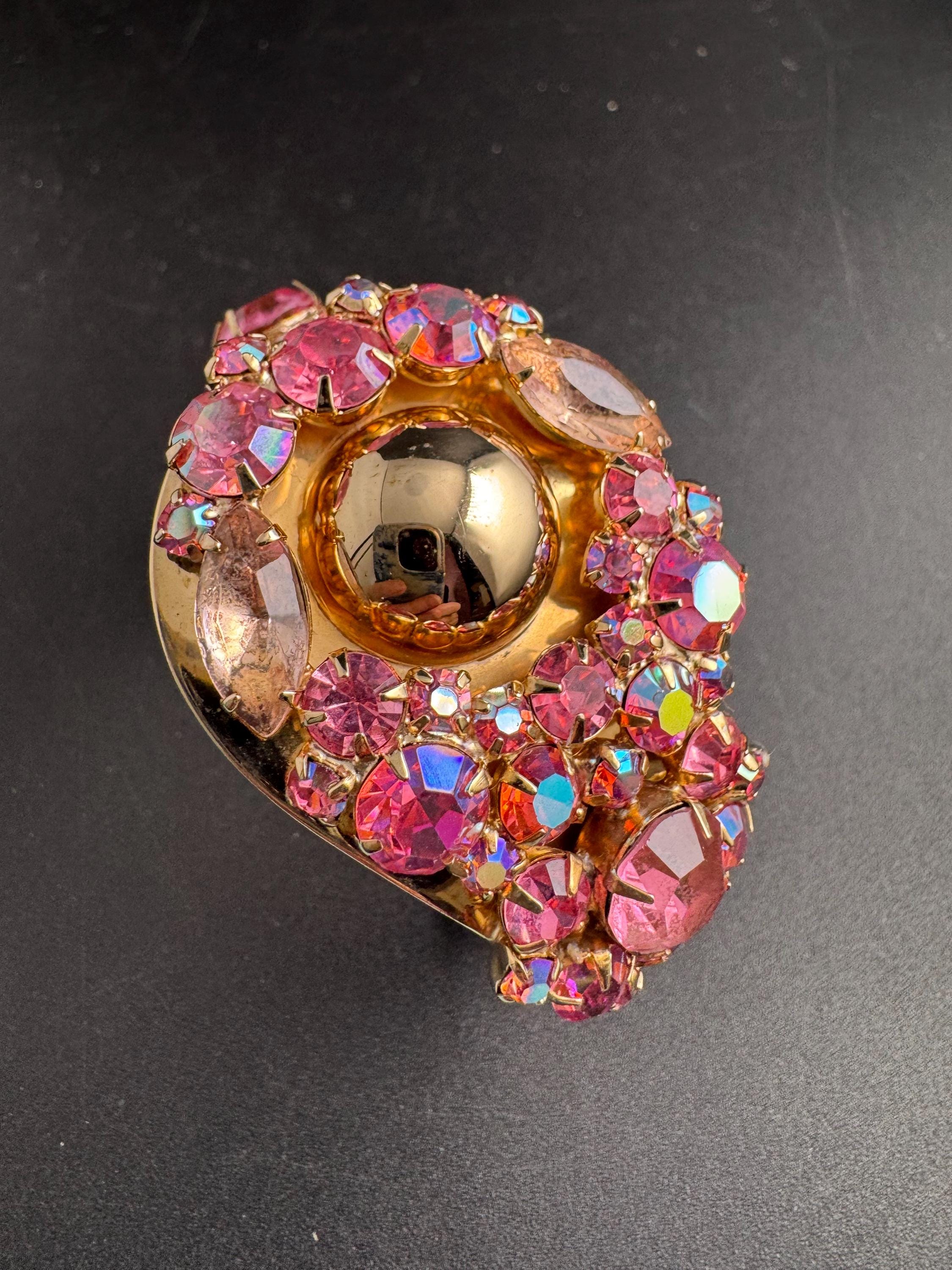 pink rhinestone clamper bangle, Vintage glass crystals diamanté warm gold bracelet