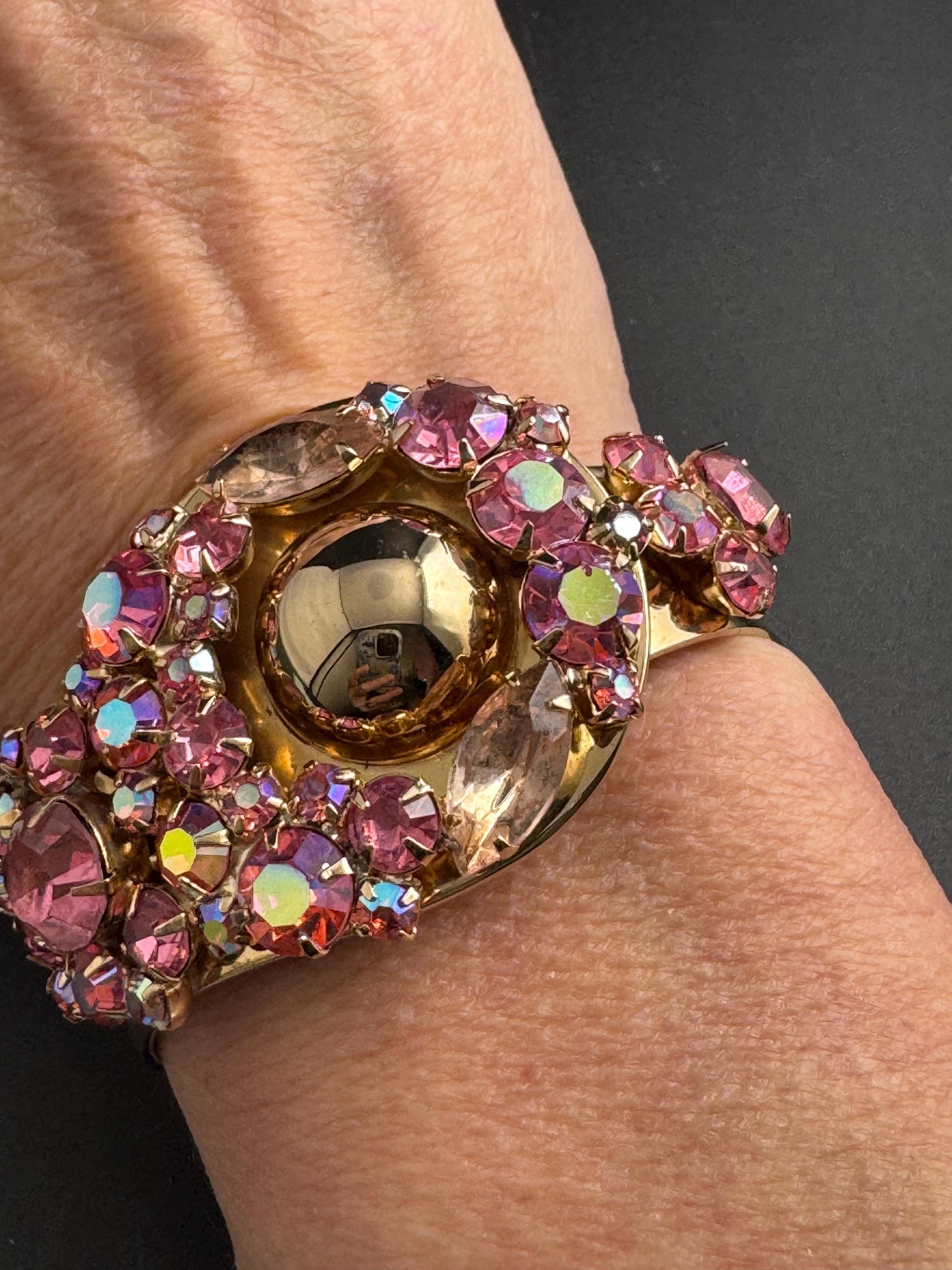 pink rhinestone clamper bangle, Vintage glass crystals diamanté warm gold bracelet