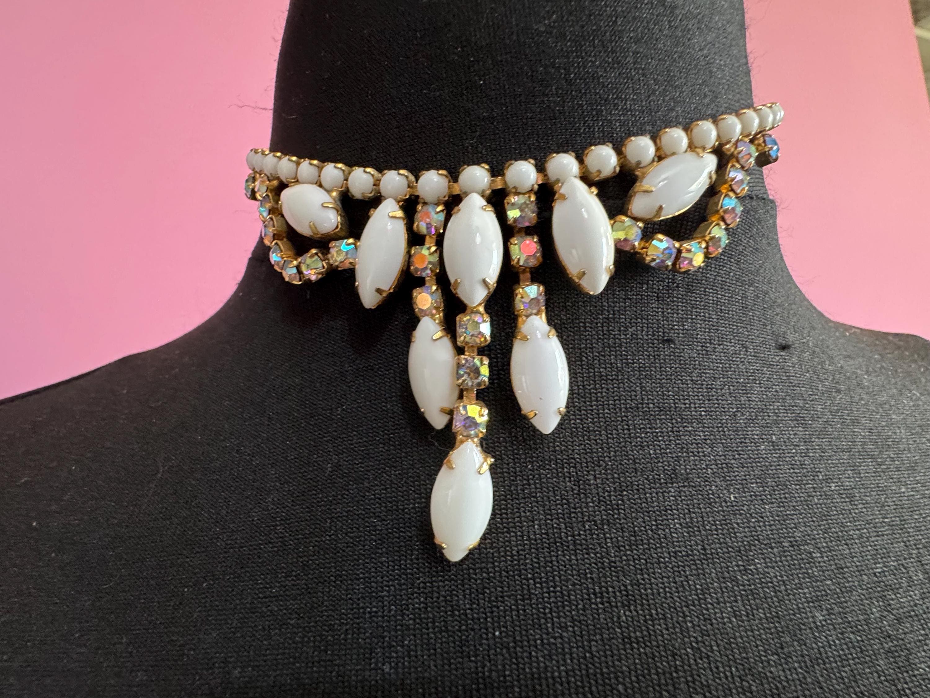 white AB rhinestone choker, vintage milk glass crystals , petite fit