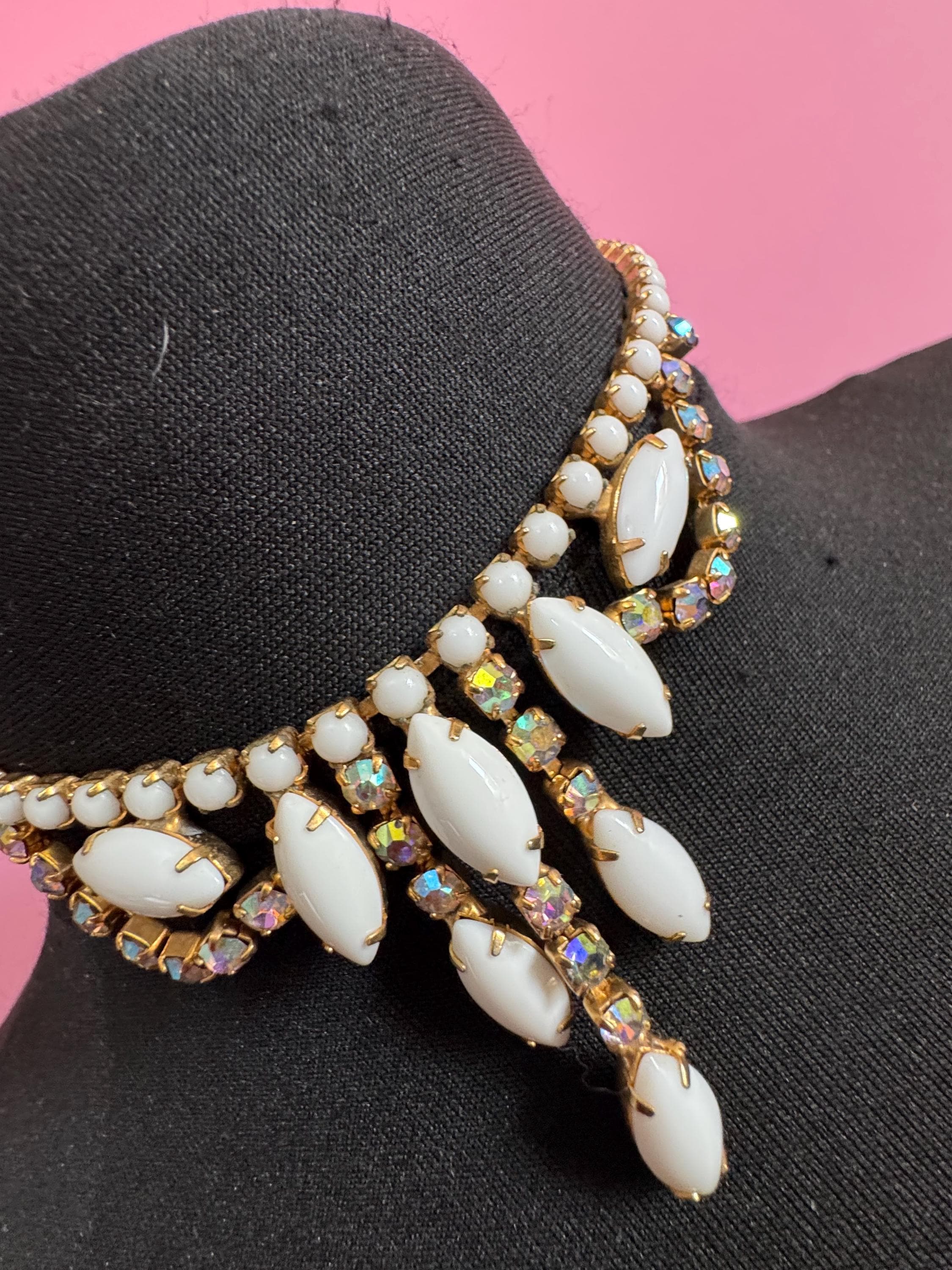 white AB rhinestone choker, vintage milk glass crystals , petite fit