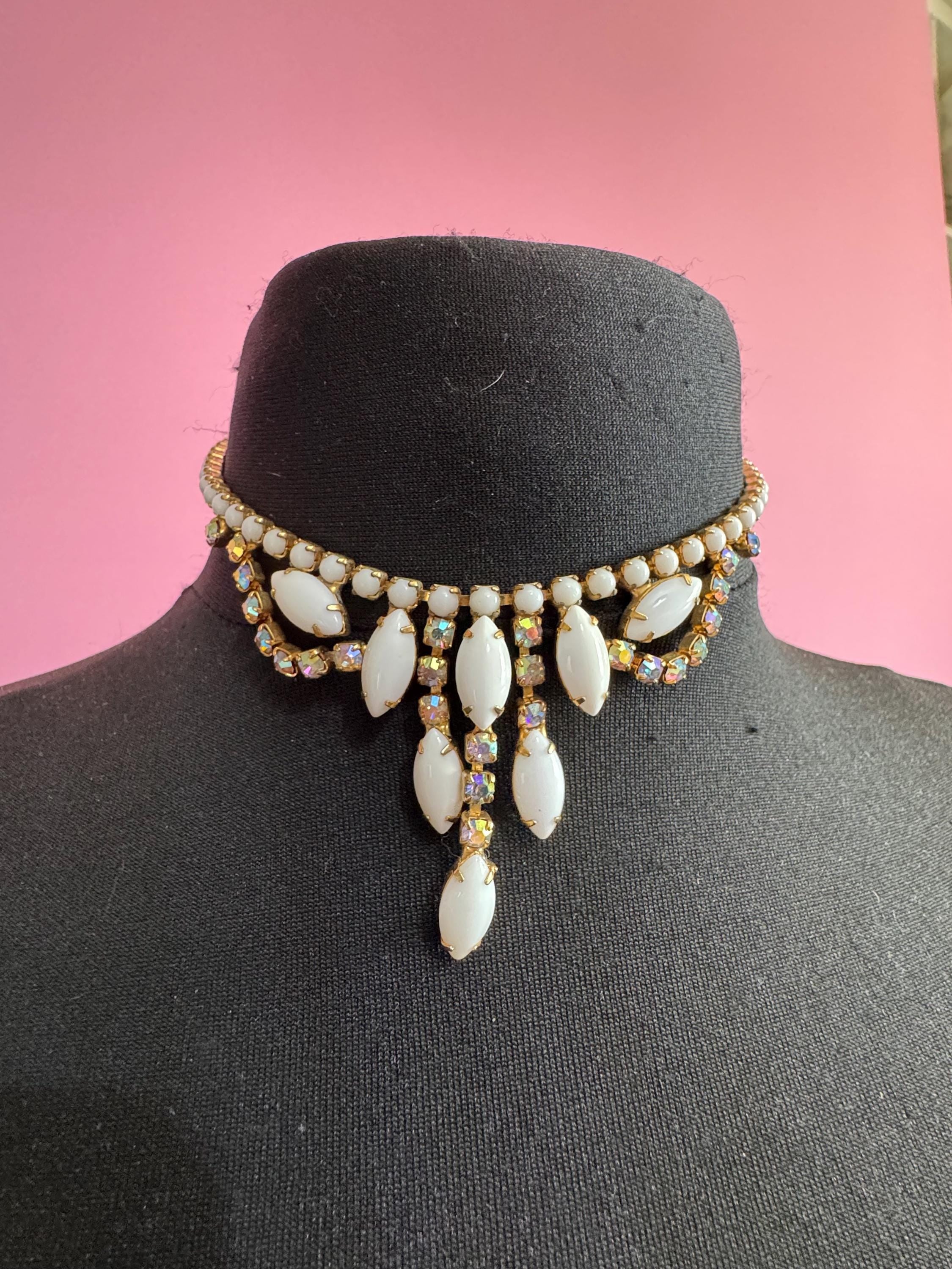 white AB rhinestone choker, vintage milk glass crystals , petite fit