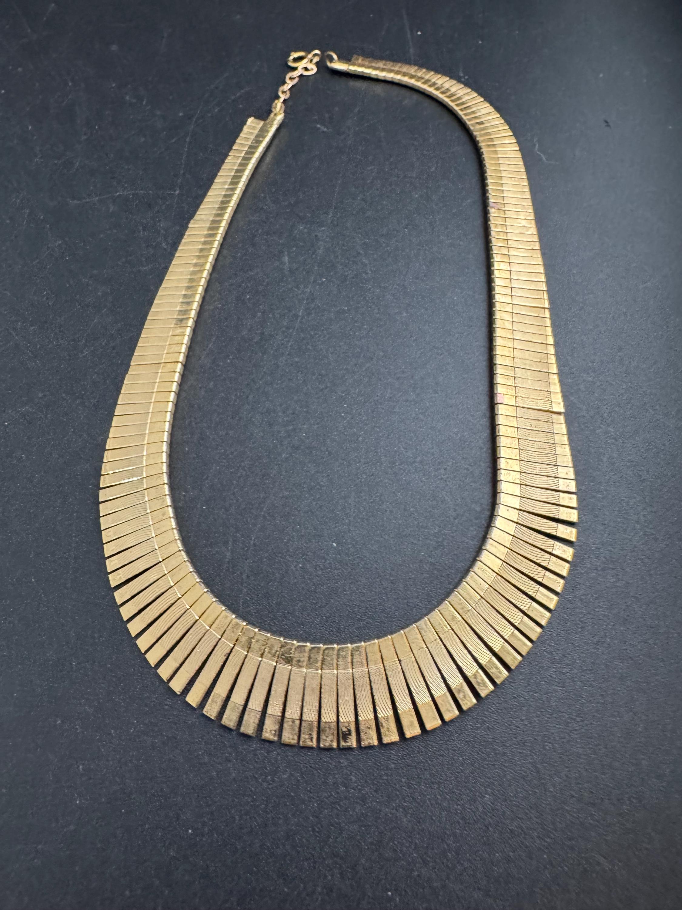 Egyptian wide gold choker necklace, cleopatra fringed style vintage