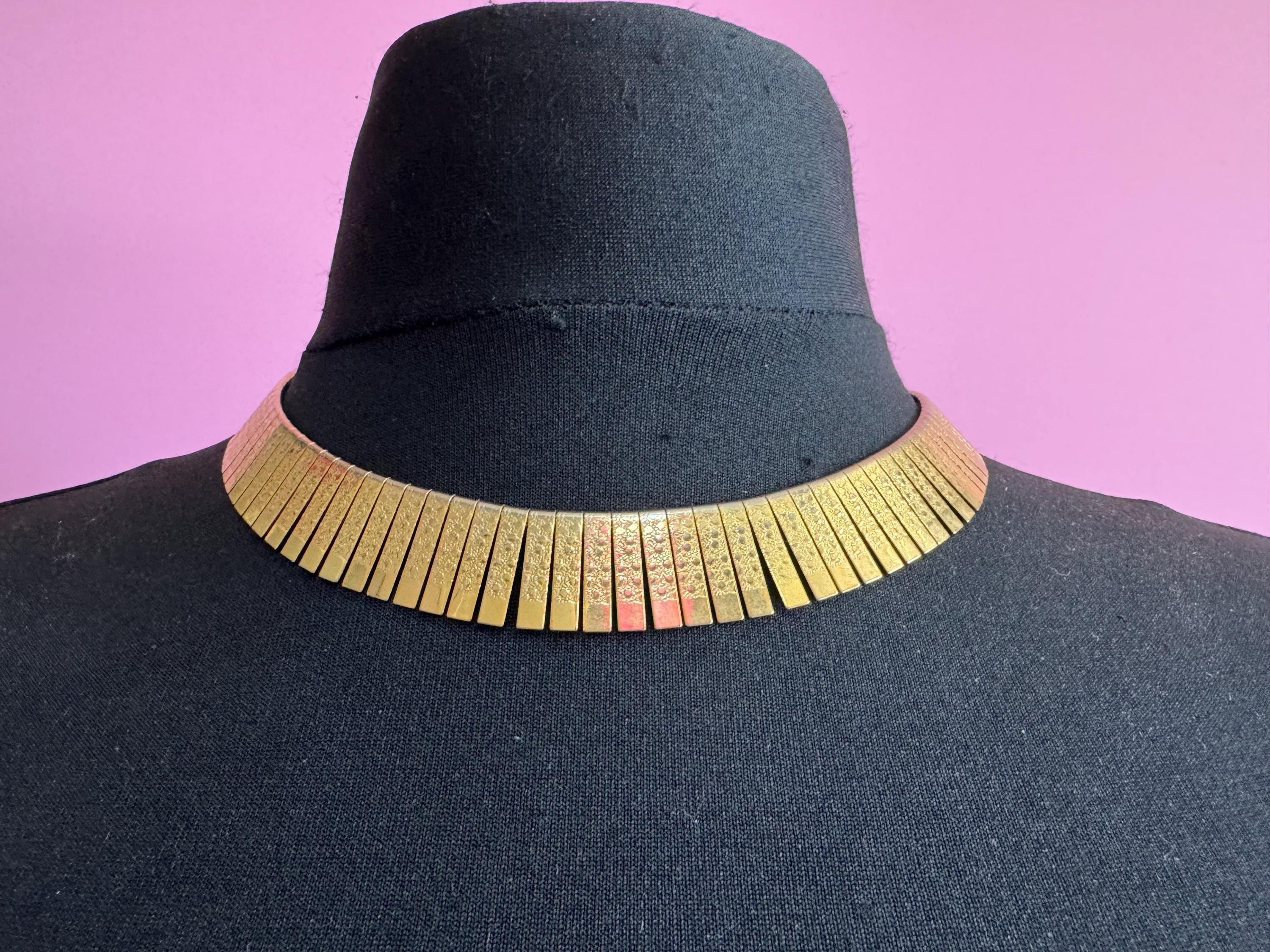 Egyptian wide gold choker necklace, cleopatra fringed style vintage