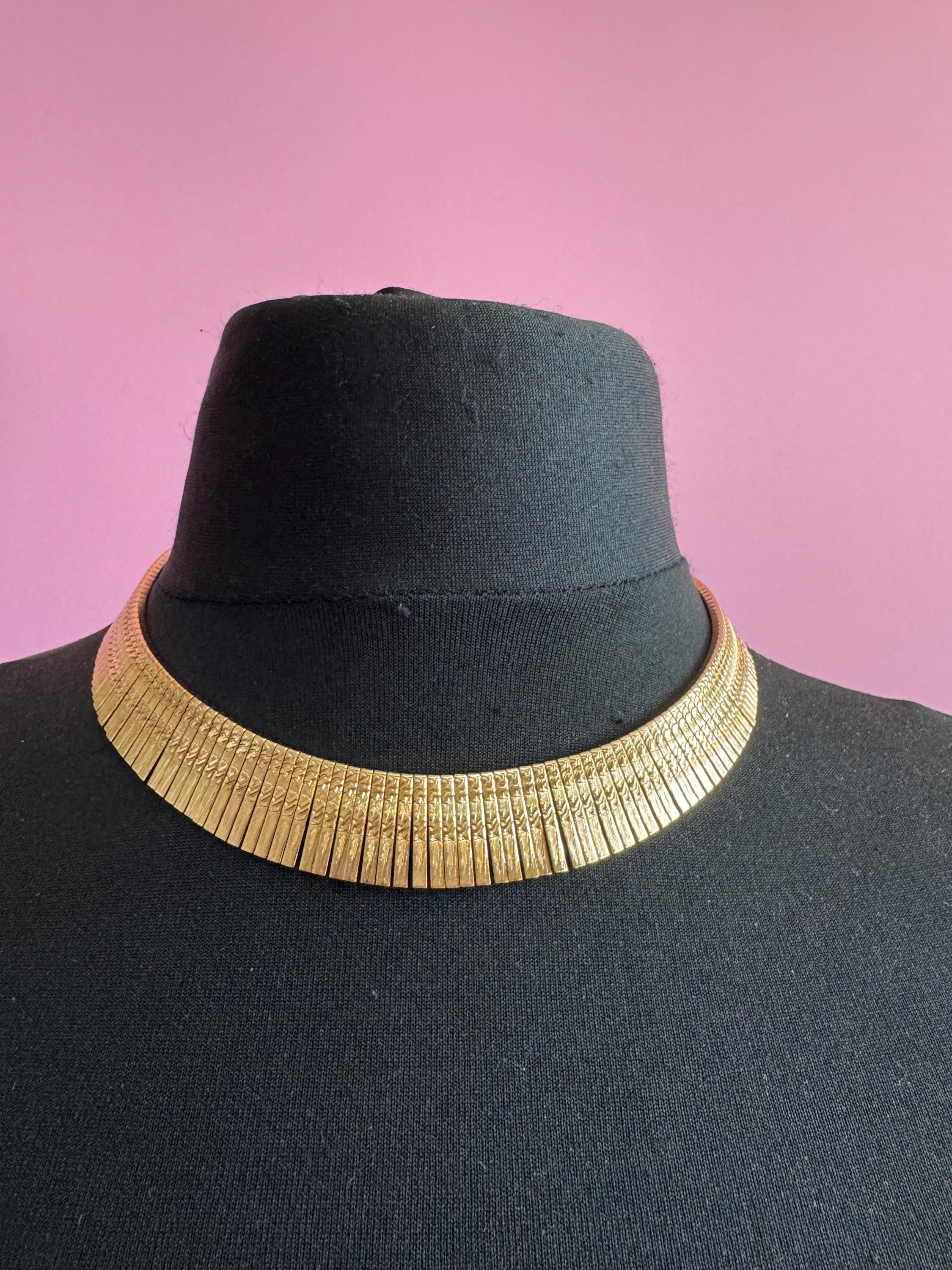 Egyptian wide gold choker necklace, cleopatra fringed style vintage