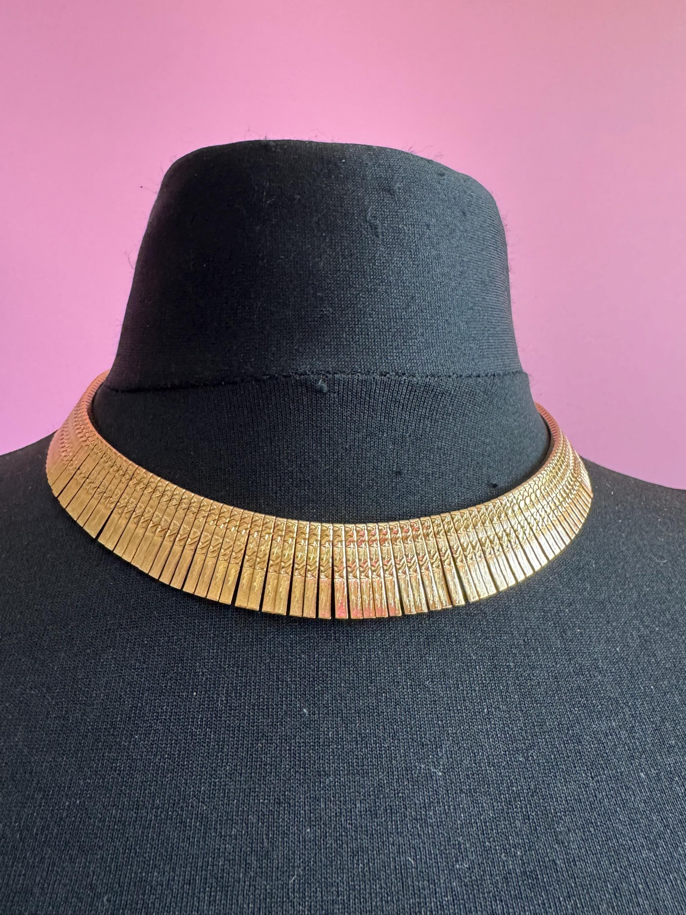 Egyptian wide gold choker necklace, cleopatra fringed style vintage