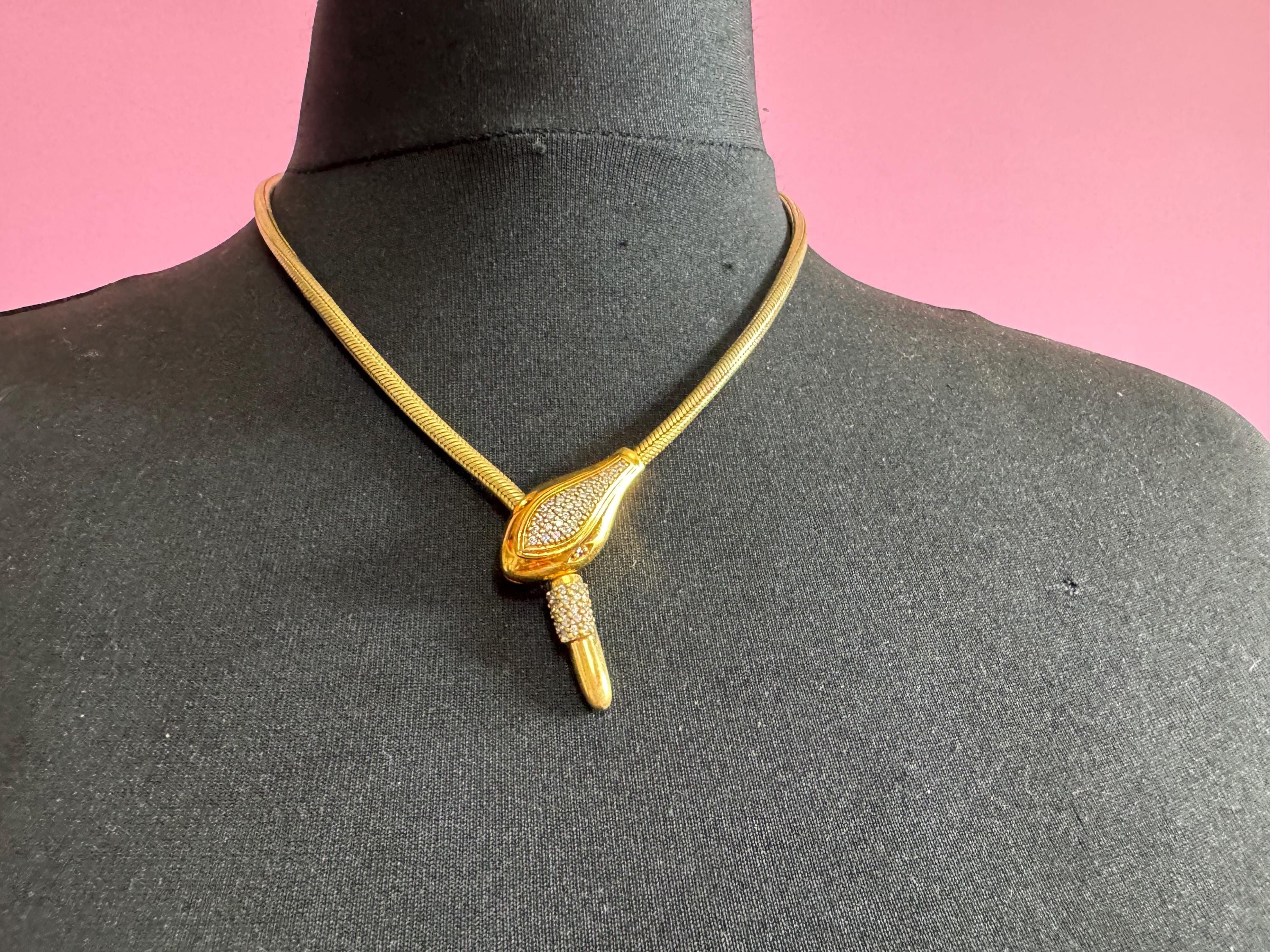 Vintage snake head chain choker, gold tone necklace by Danbury mint