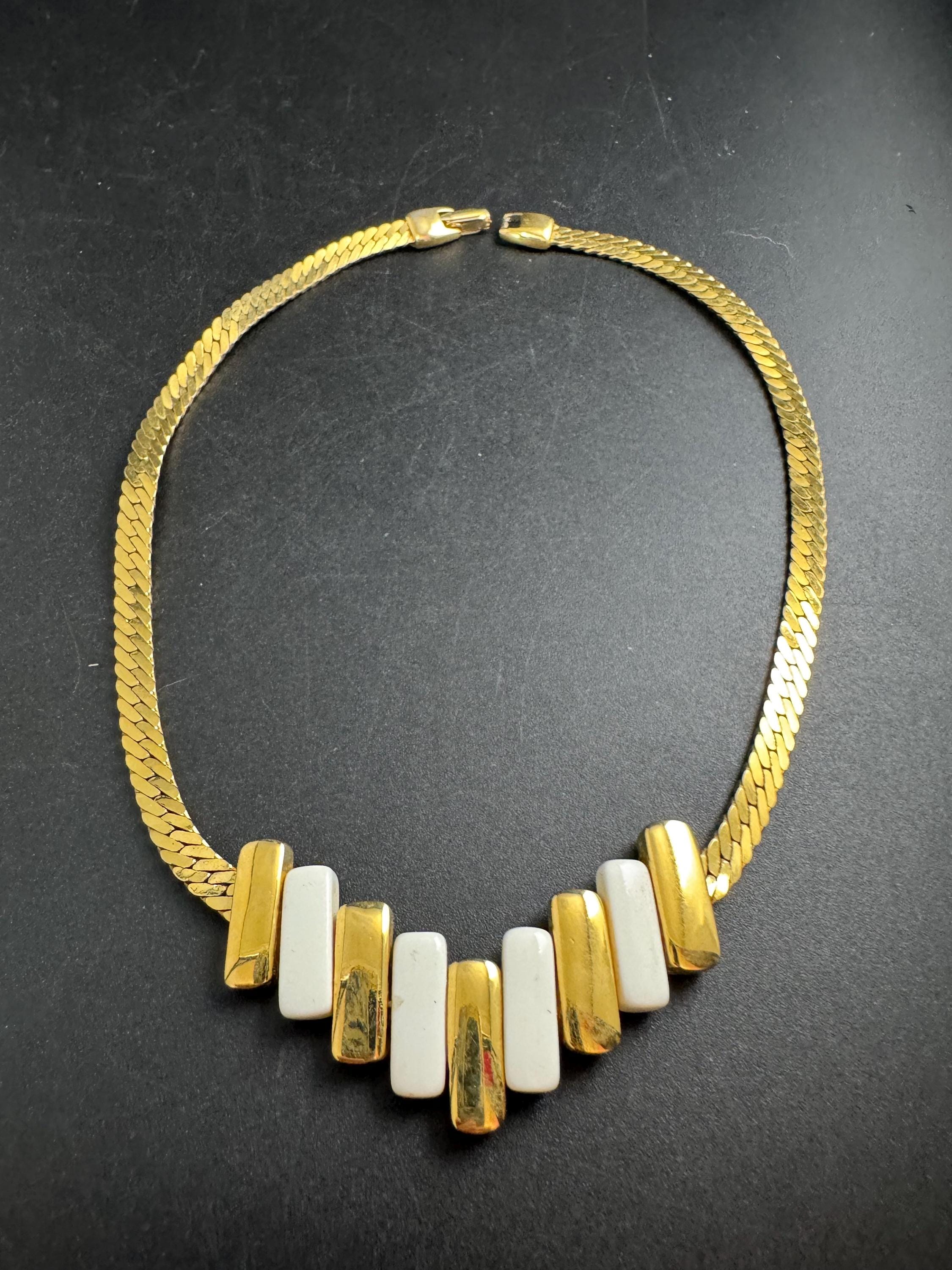 white enamel gold choker, vintage wide link panel necklace 40cm