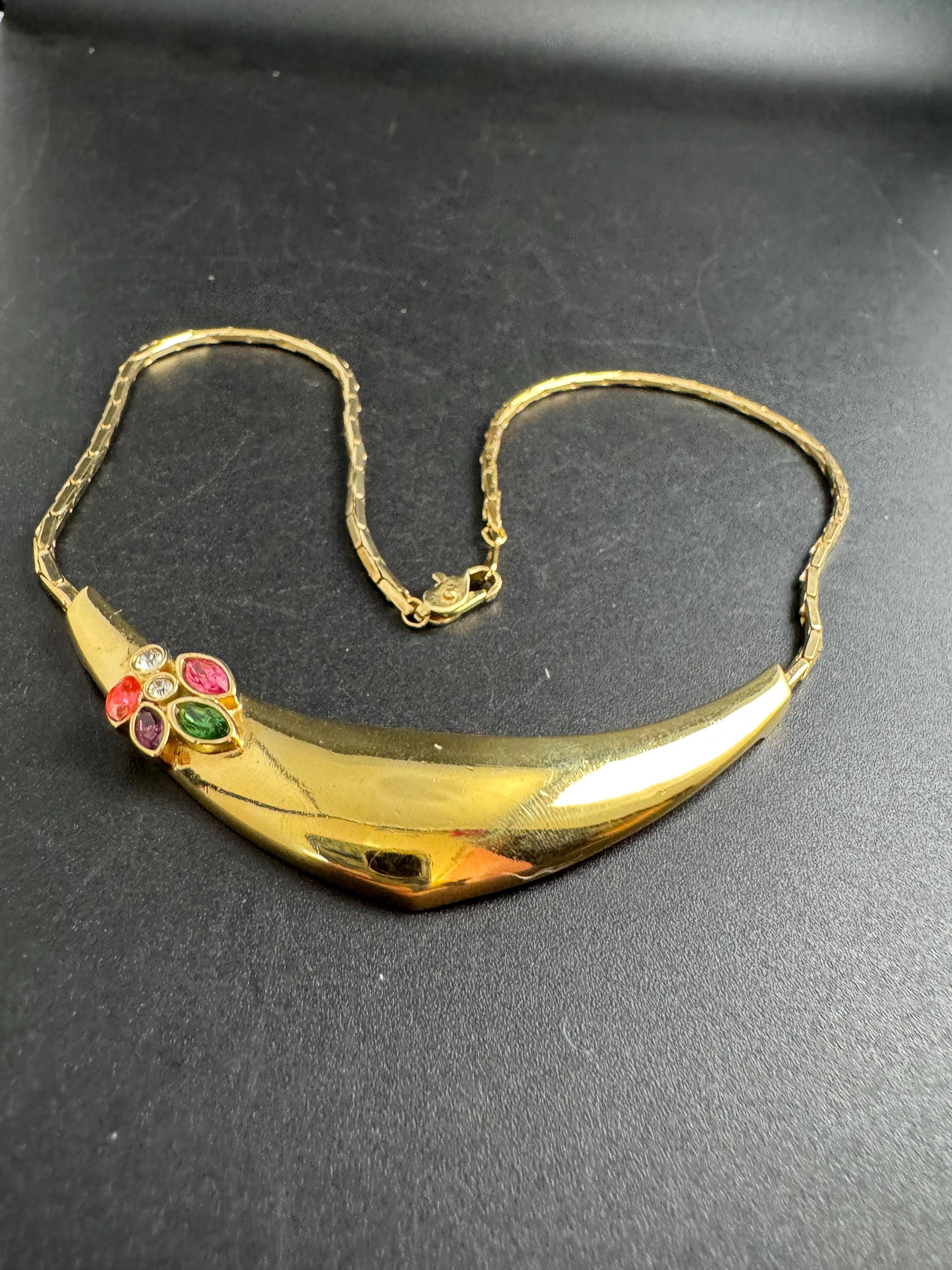 Bergdorf Goodman gold rhinestone Choker,  Signed BG necklace coloured crystals