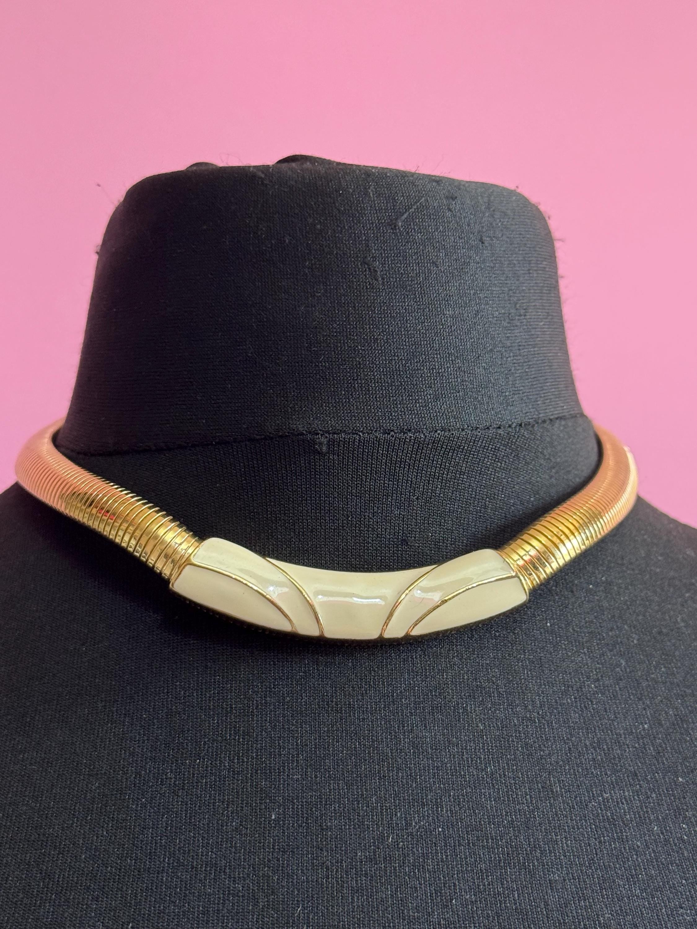 TRIFARI Cream enamel omega gold Choker, Vintage signed