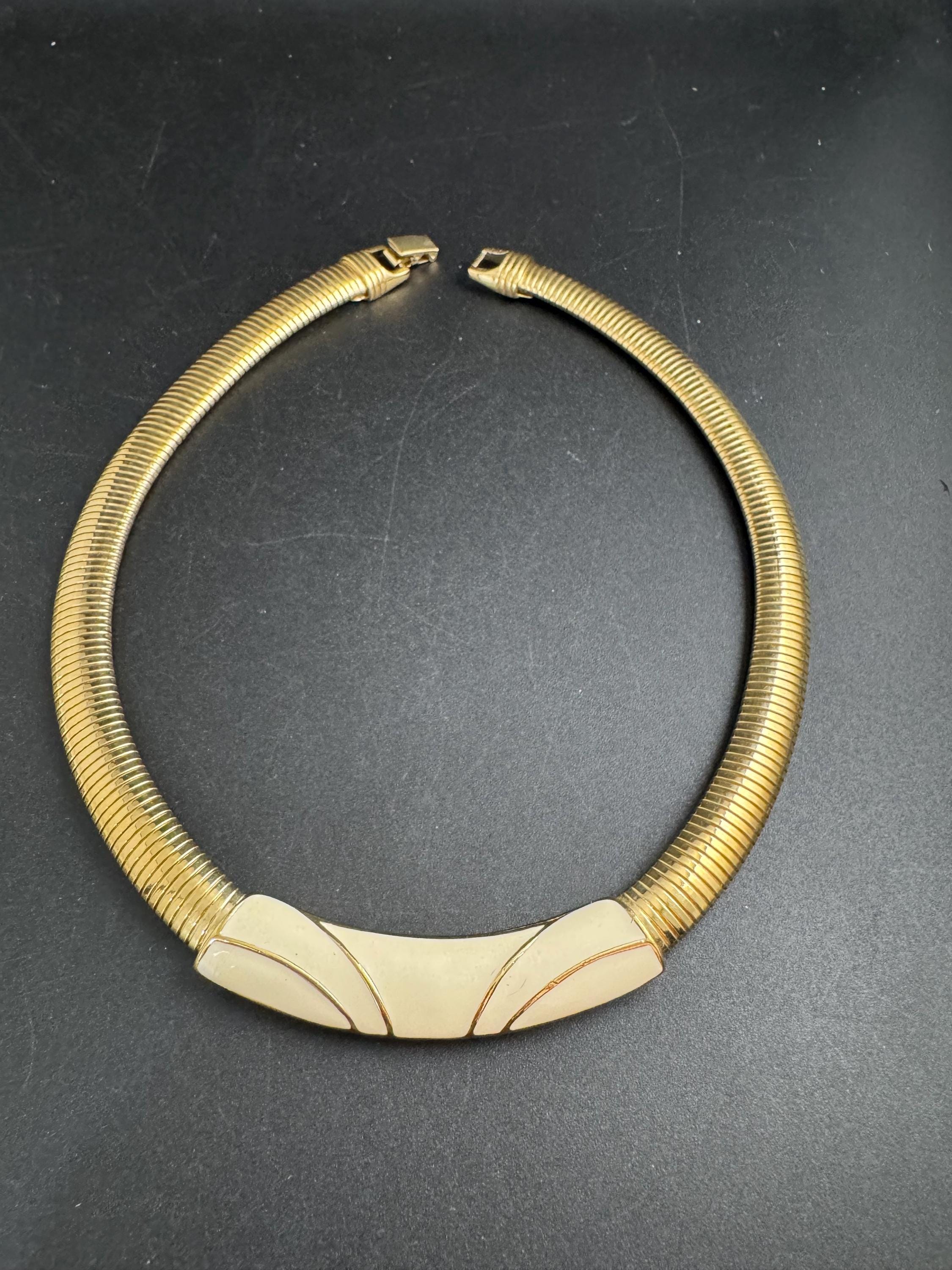 TRIFARI Cream enamel omega gold Choker, Vintage signed