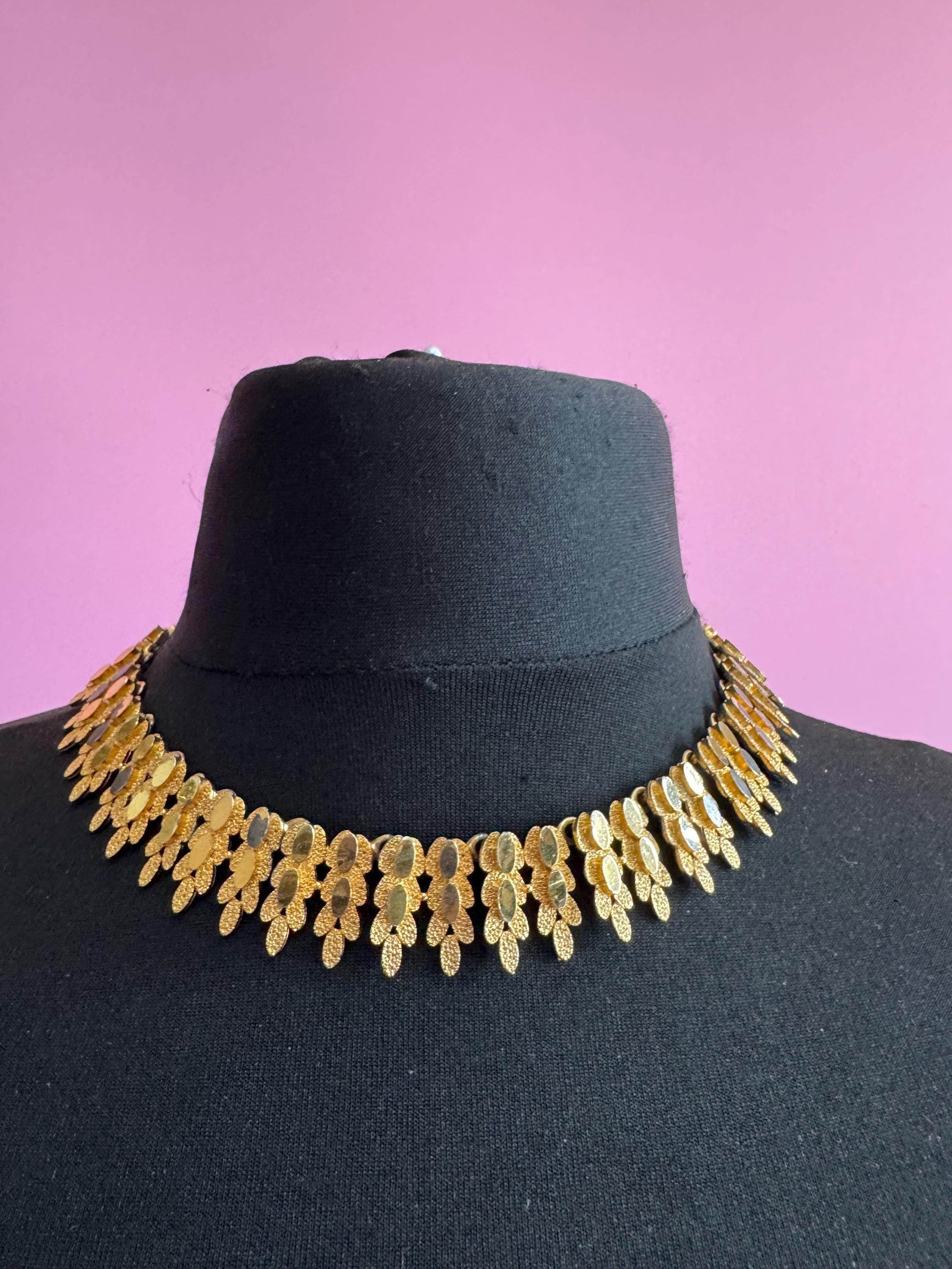 Vintage panel link brutalist choker necklace,  gold tone set some plate loss