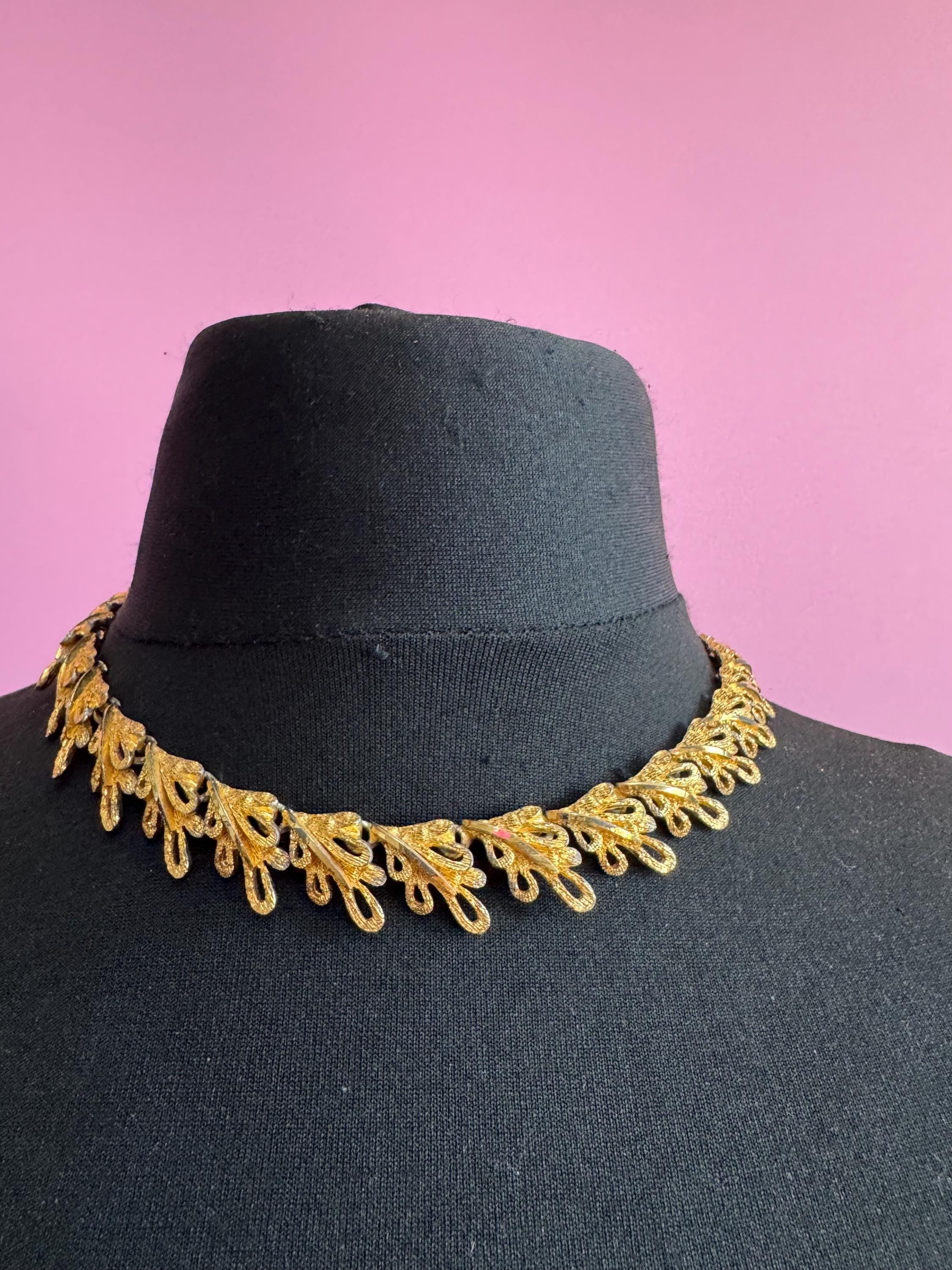 Vintage panel link brutalist choker necklace,  gold tone set some plate loss