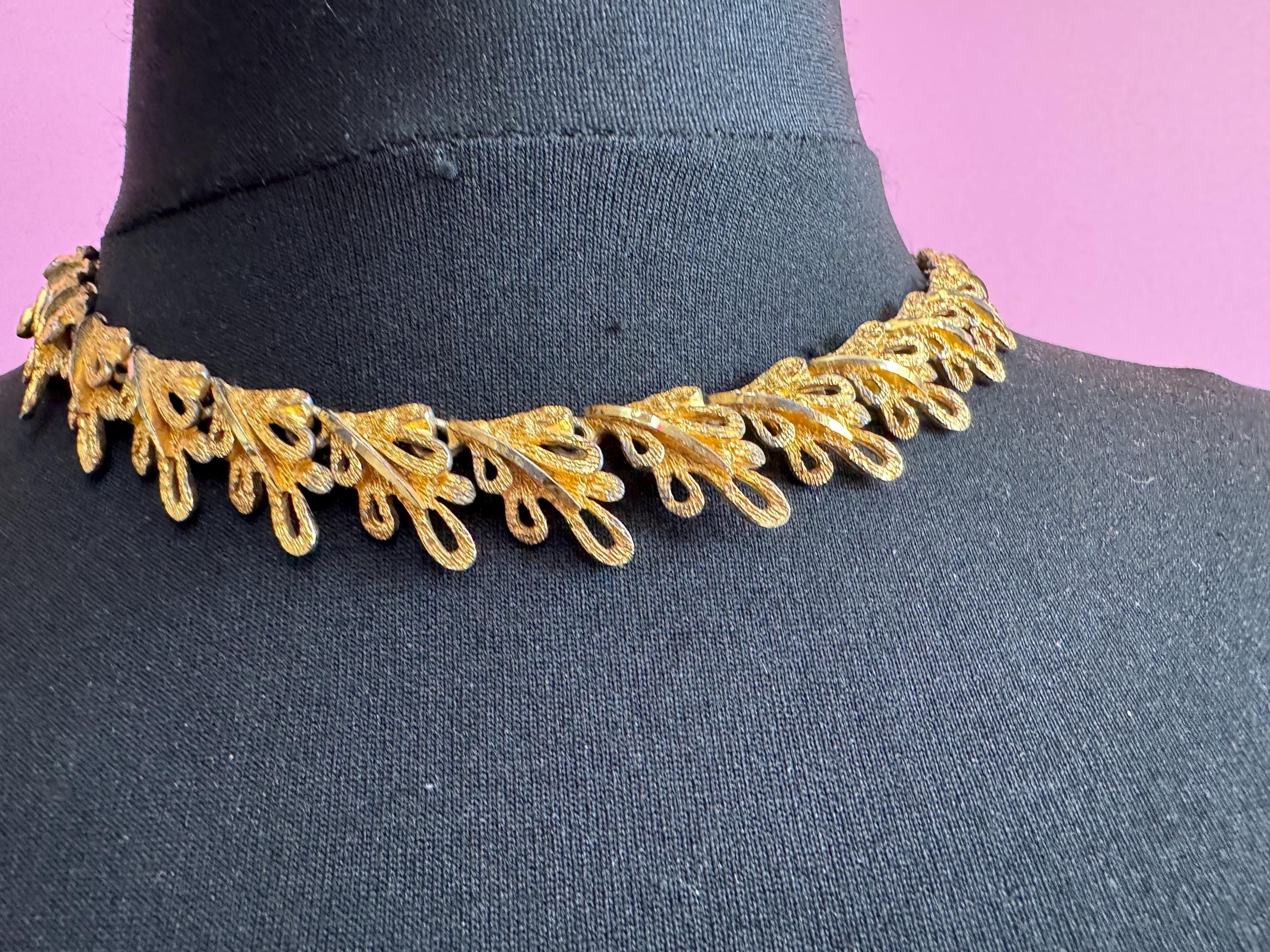 Vintage panel link brutalist choker necklace,  gold tone set some plate loss