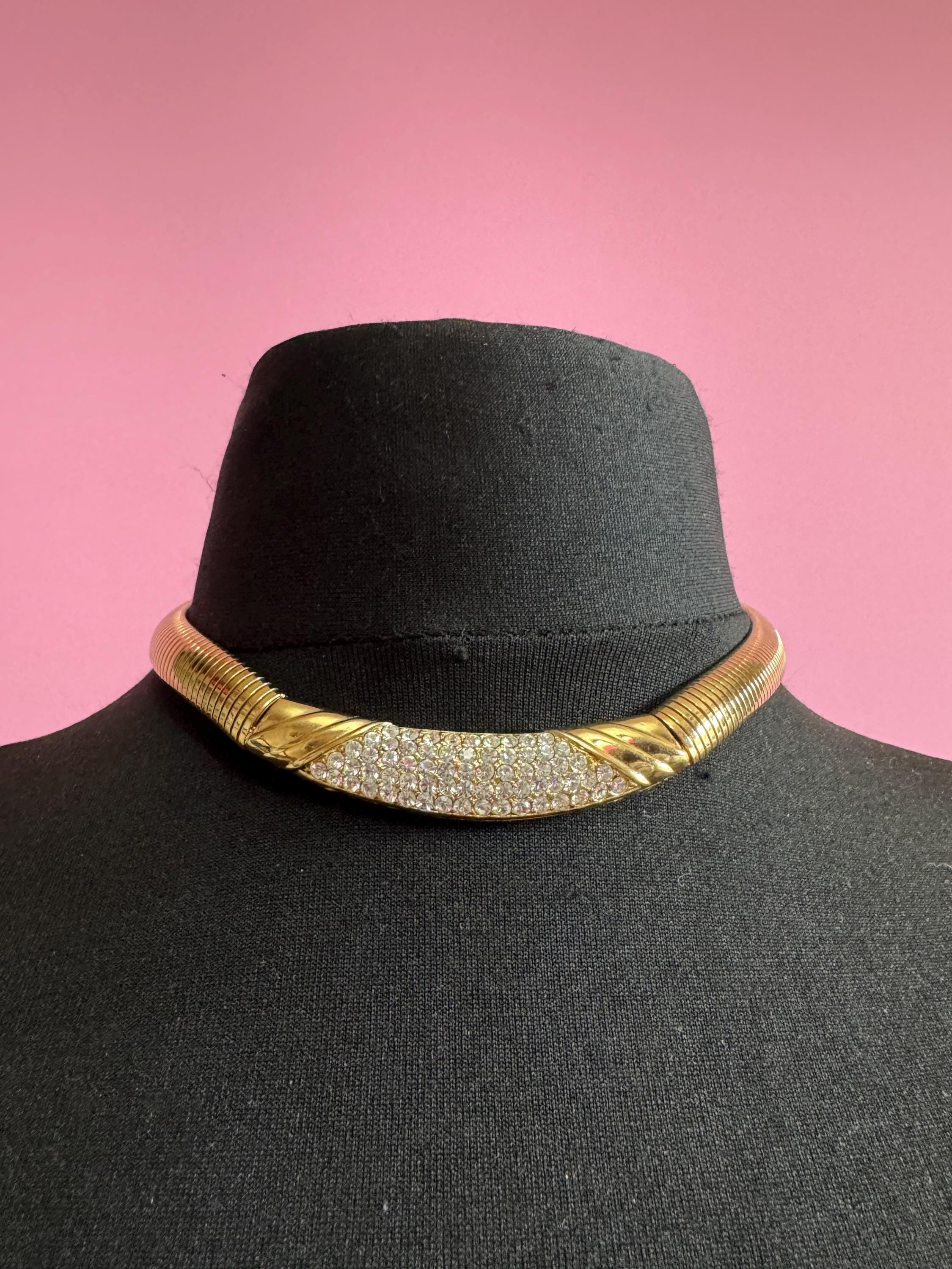Rhinestone wide omega choker necklace, clear stones vintage 80s