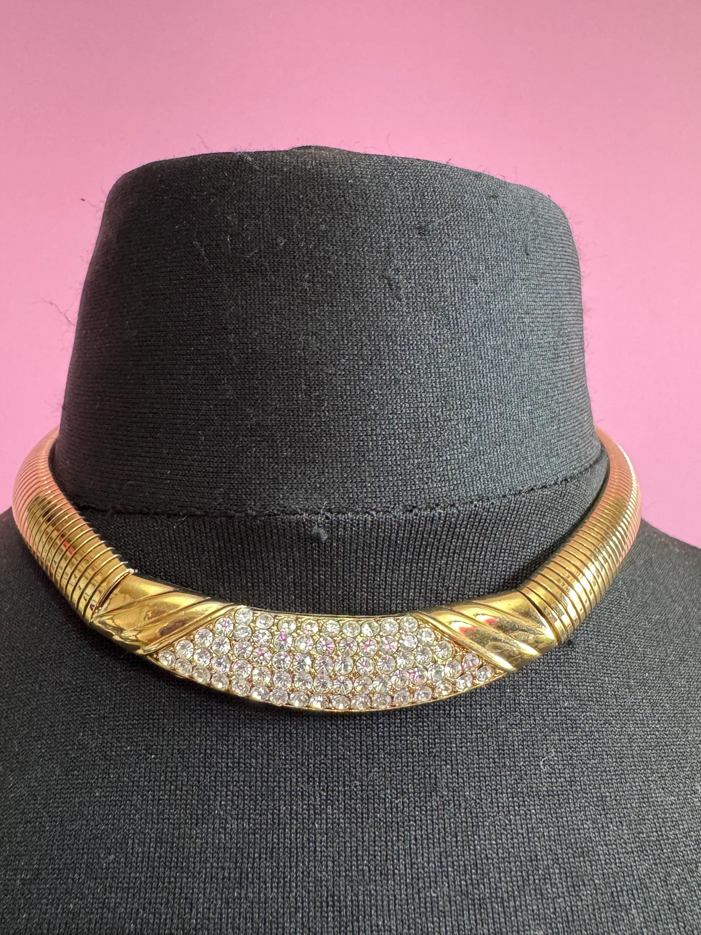 Rhinestone wide omega choker necklace, clear stones vintage 80s