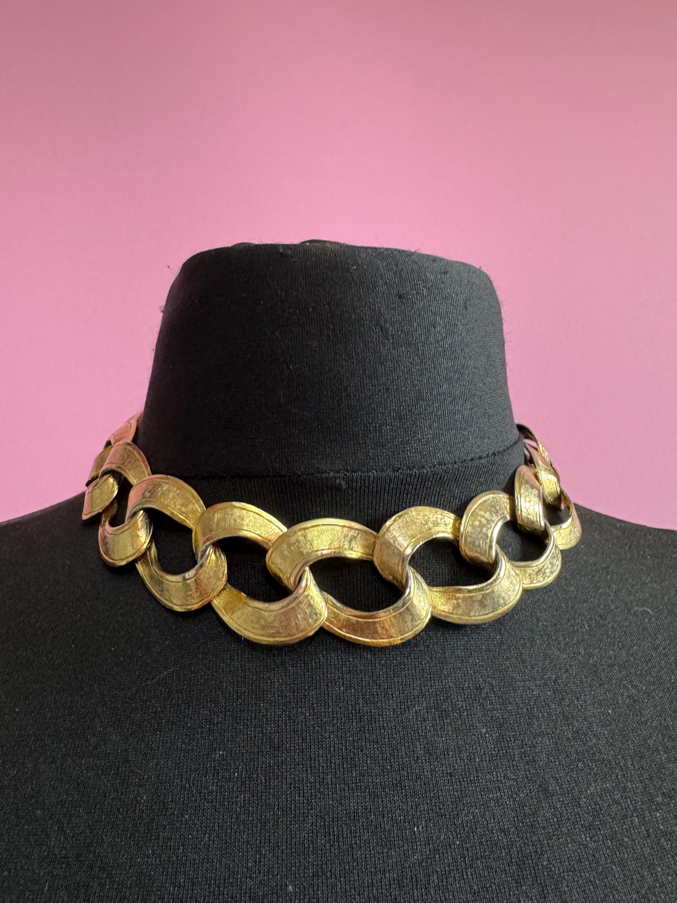 wide gold curb chain choker, chunky statement necklace 1980s