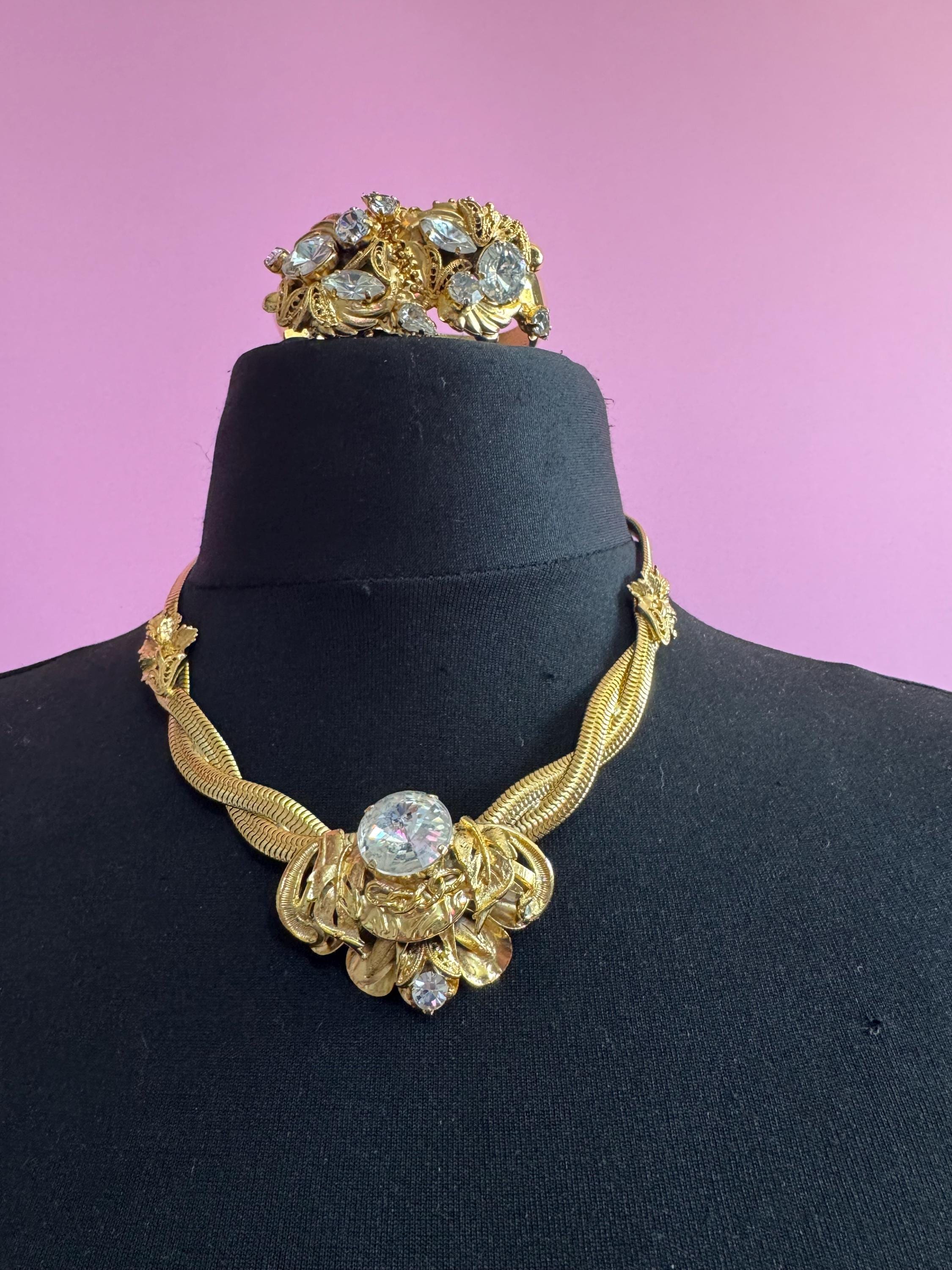 Rhinestone omega jewellery set, matching necklace and clamper bangle vintage Rivoli crystal