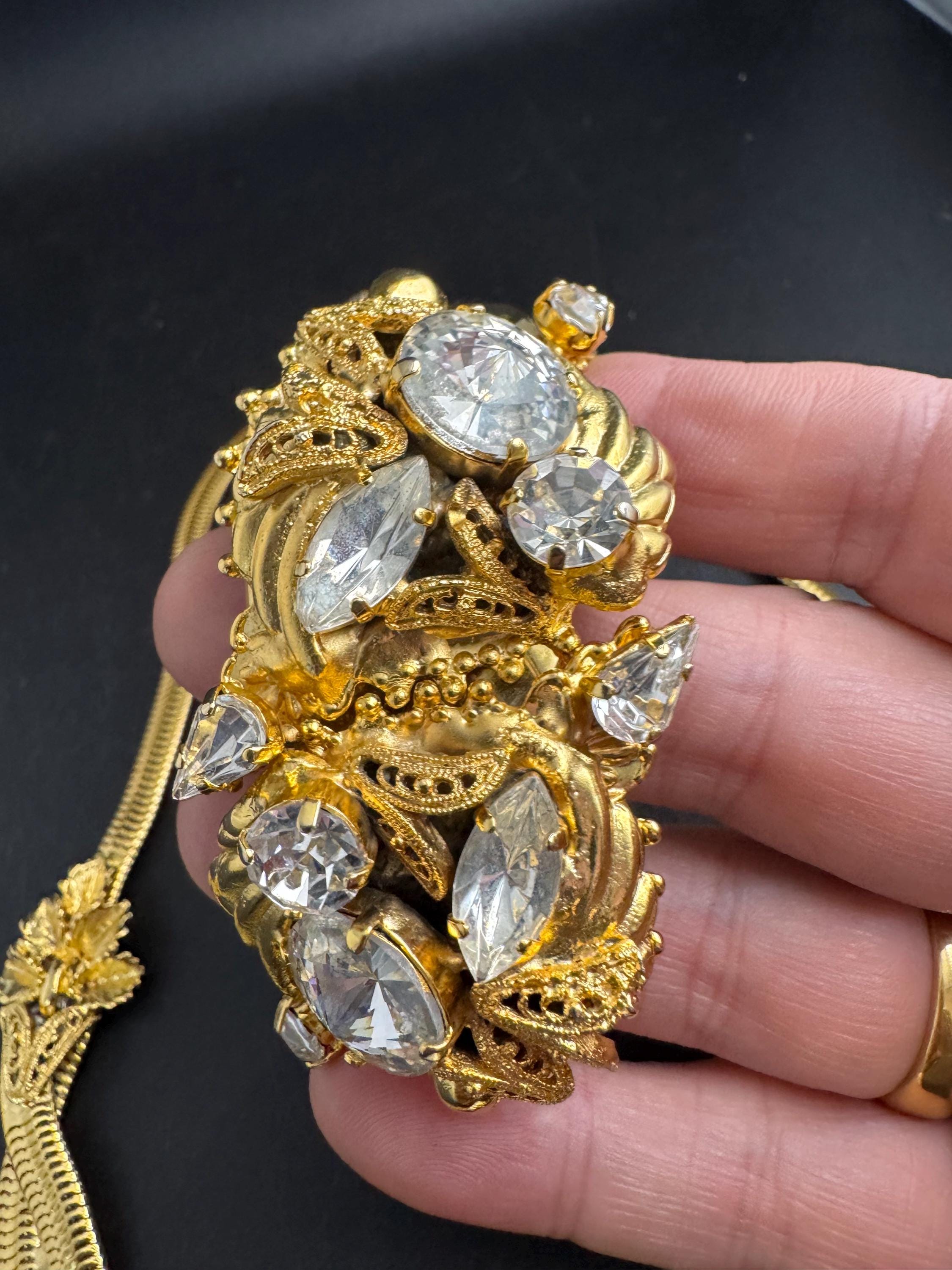 Rhinestone omega jewellery set, matching necklace and clamper bangle vintage Rivoli crystal