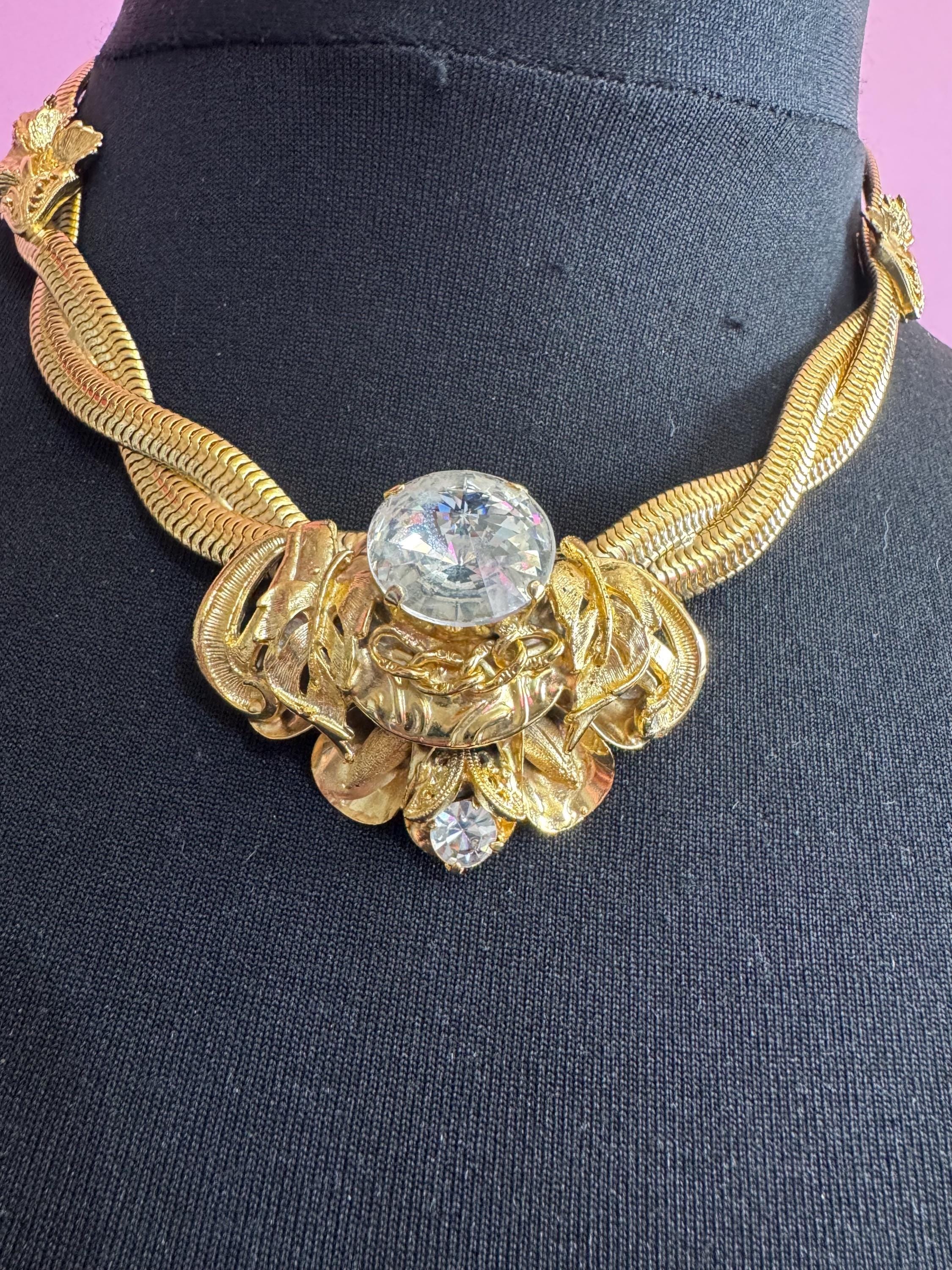 Rhinestone omega jewellery set, matching necklace and clamper bangle vintage Rivoli crystal