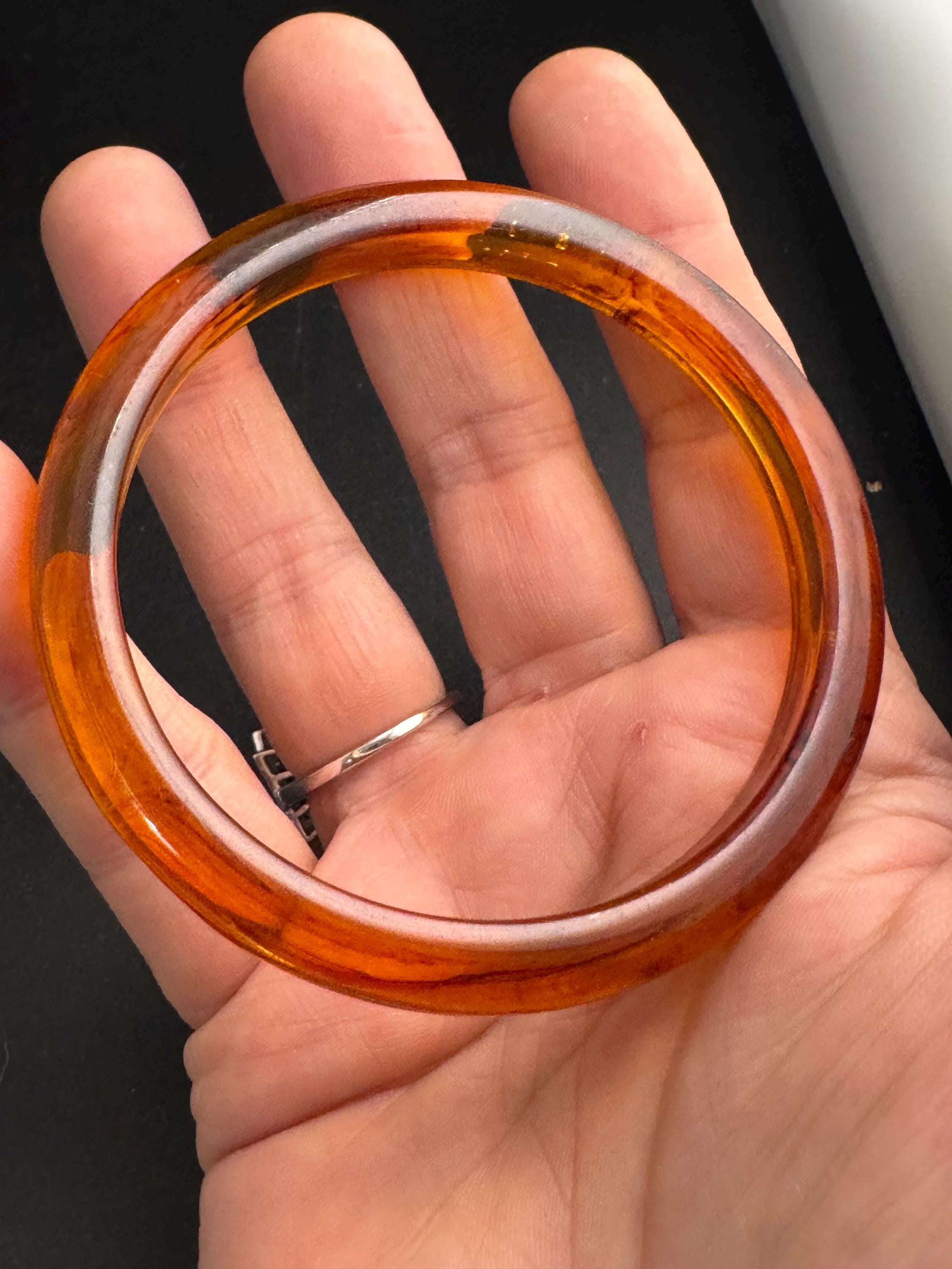 Faux tortoiseshell brown plastic slim bangle, vintage bracelet ideal for stacking layering