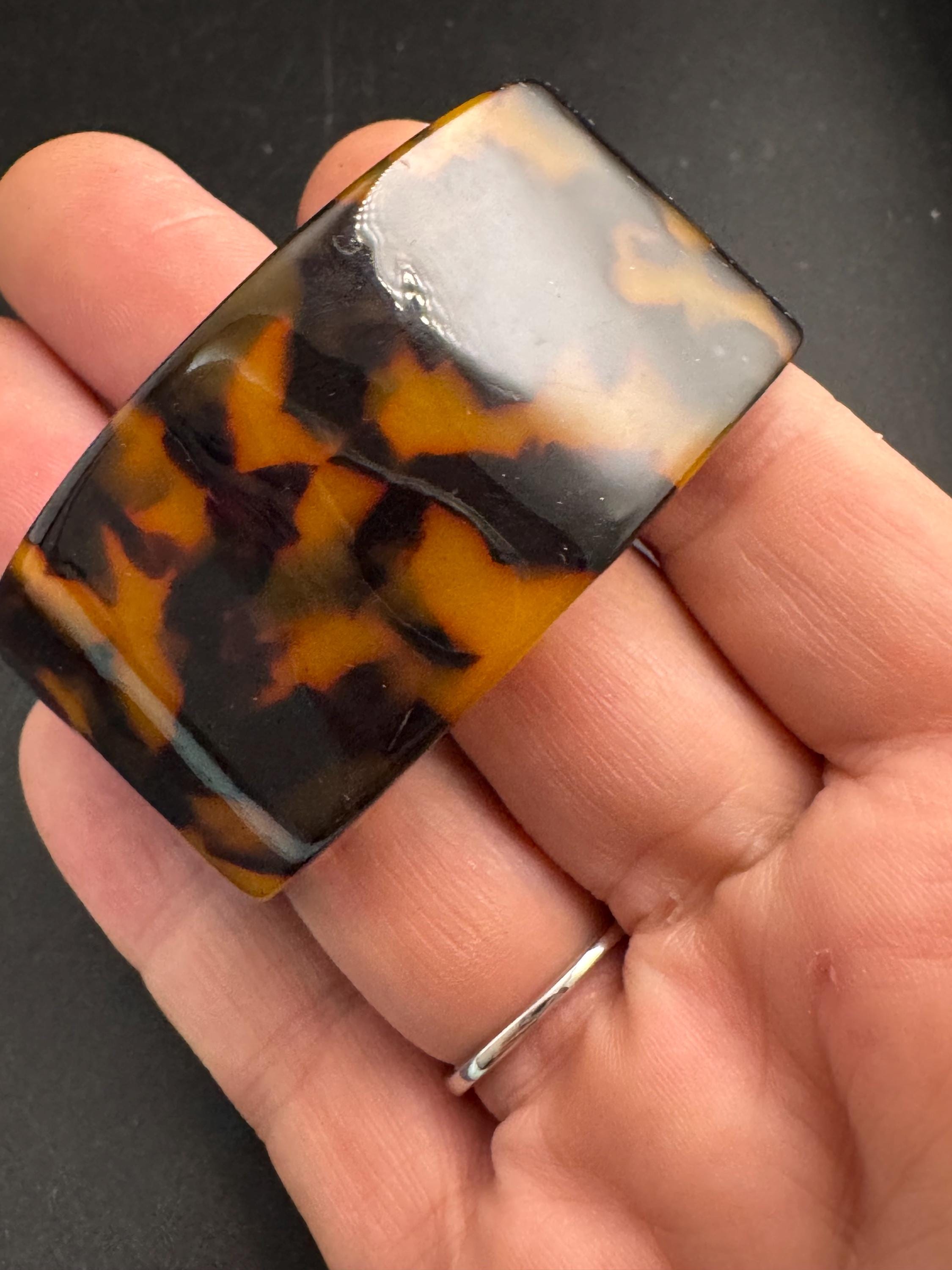 Wide tortoiseshell brown plastic  bangle, vintage open cuff bracelet