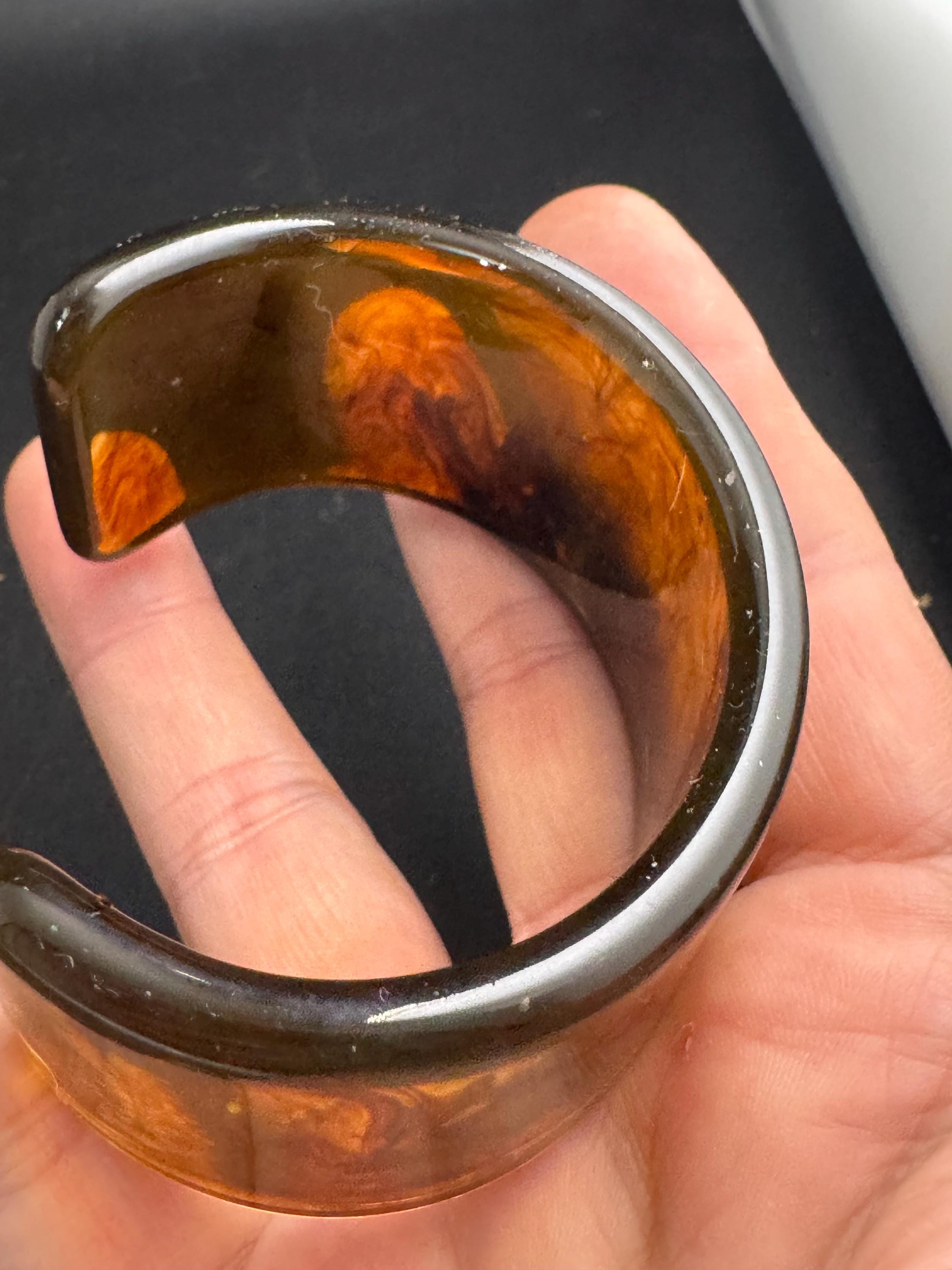 Wide tortoiseshell brown plastic  bangle, vintage open cuff bracelet