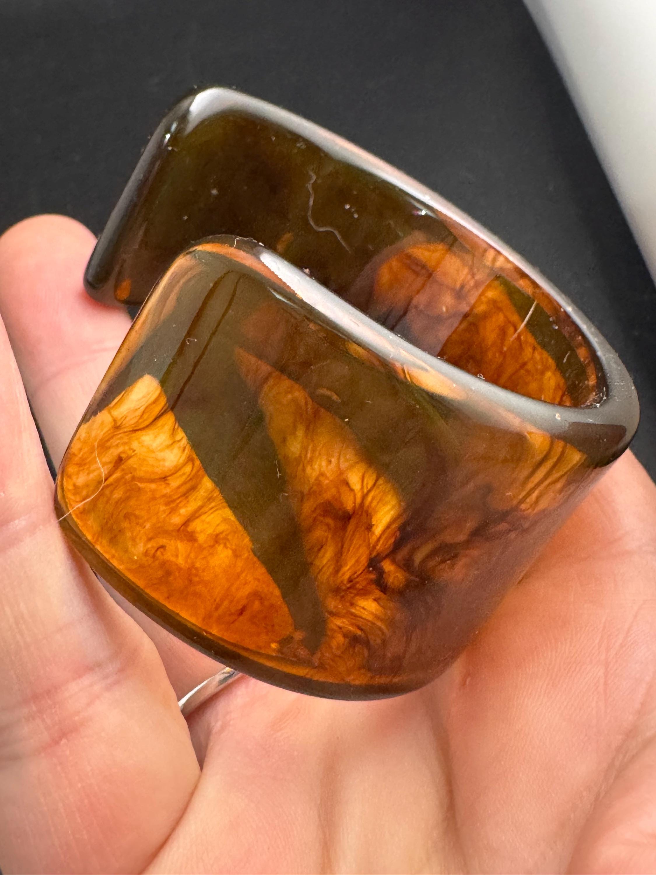 Wide tortoiseshell brown plastic  bangle, vintage open cuff bracelet