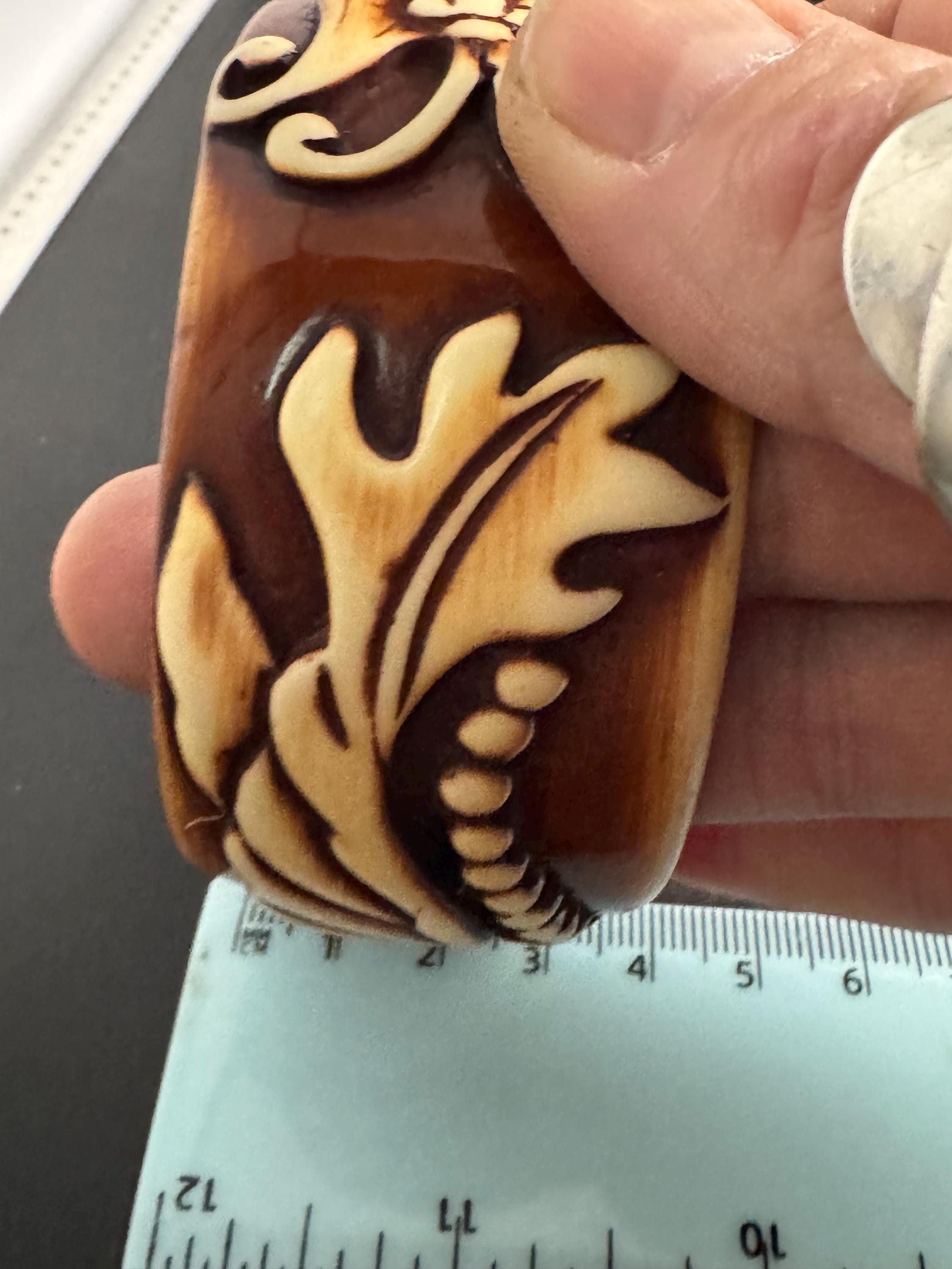 Wide acrylic brown cream bangle , vintage carved effect with butterflies