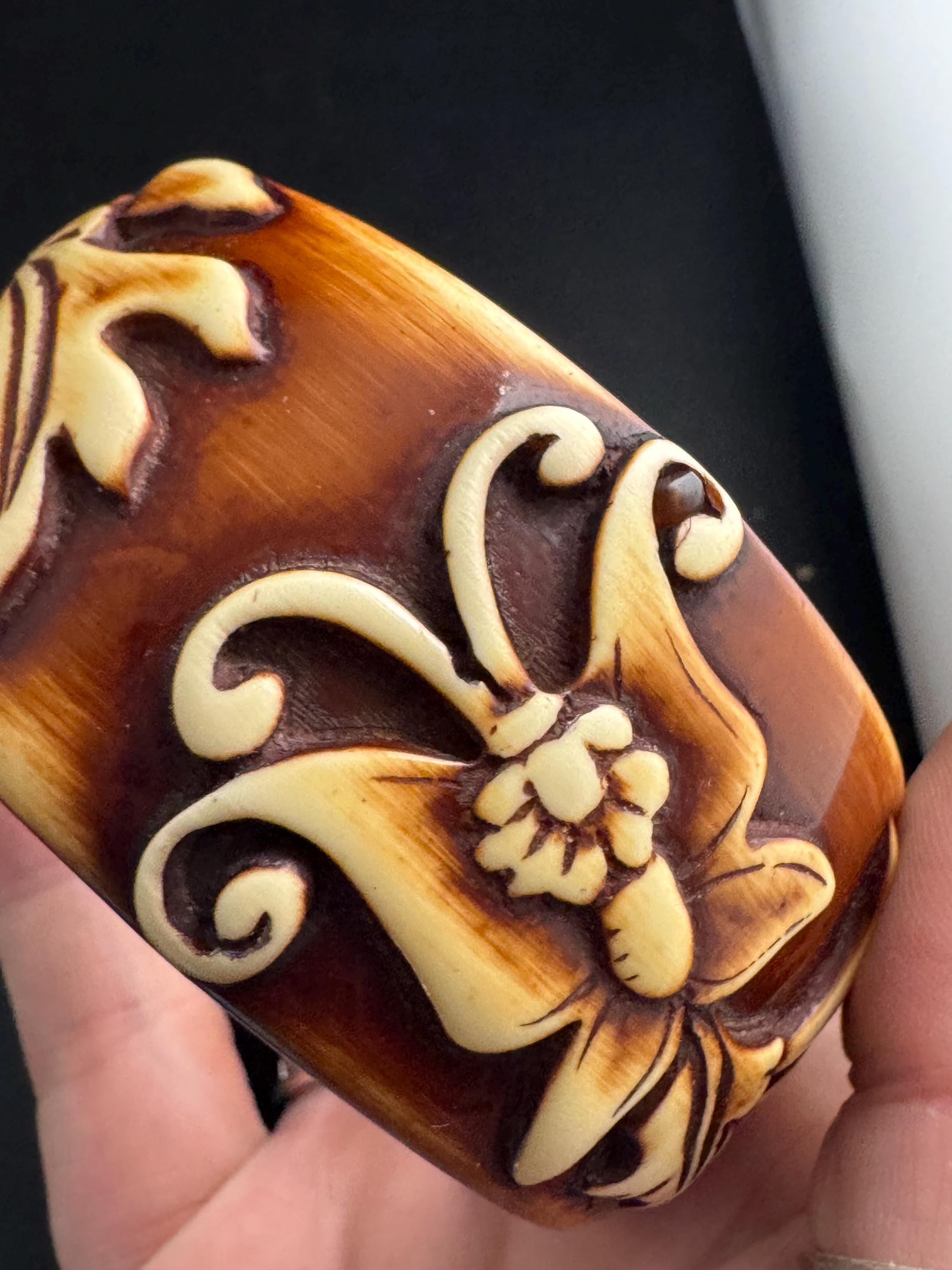 Wide acrylic brown cream bangle , vintage carved effect with butterflies