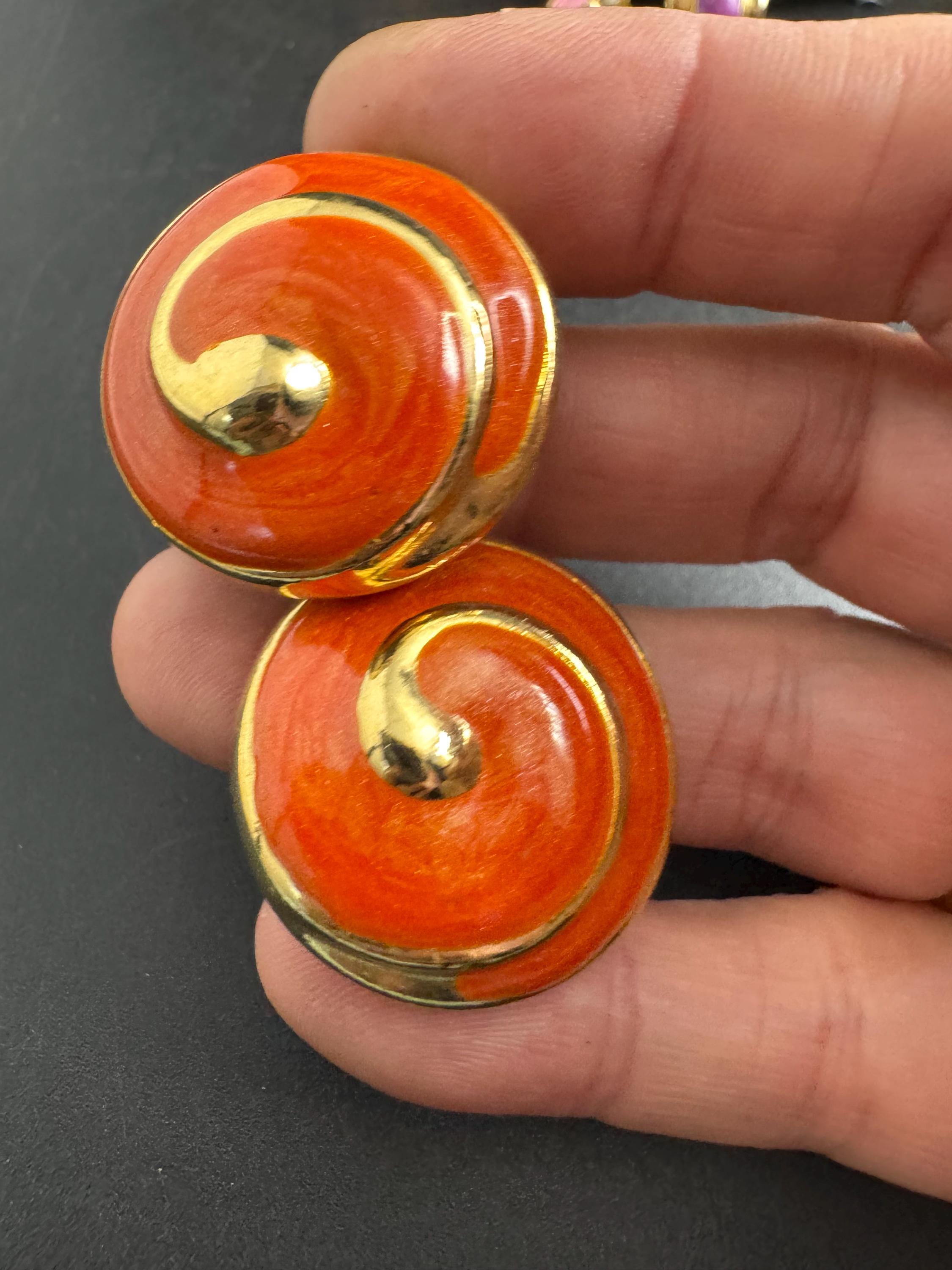 Orange Enamel Clip On Earrings: jaques vert vintage gold plated