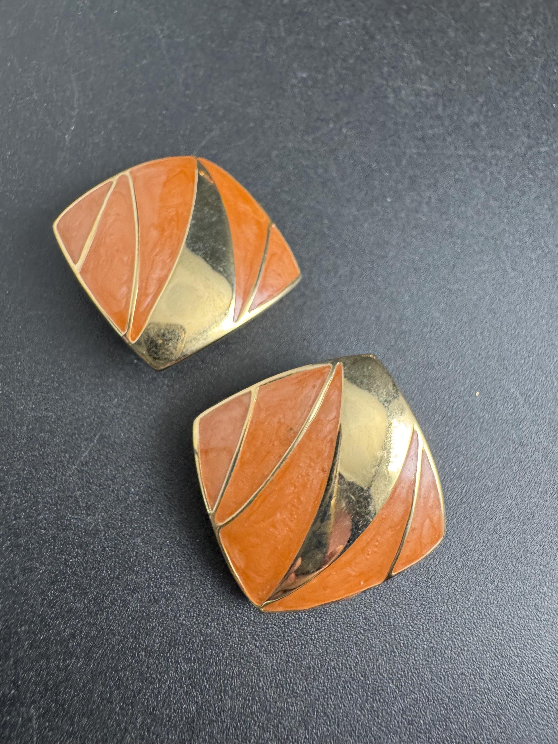 Beige brown Enamel Clip On Earrings: jaques vert vintage gold plated